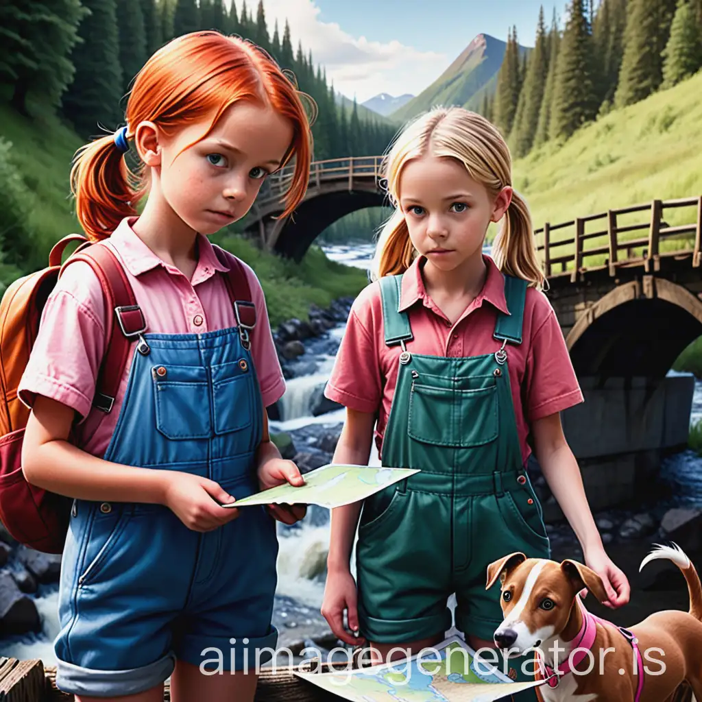 Setting: There's a 7-year-old girl ARIELLA with blonde with pony tails and wearing orange overalls and holding a basket. ARRIS a boy 12 years old with brown hair and blue overalls holding a map, Xander a 9 years old boy with green overalls with brown hair and a red backpack and KALEY a 12-year-old girl with red hair wearing pink overalls and holding a compass. They reached a clearing where they saw an old, rickety bridge. It was the only way to cross a deep, wide river. Kaylee’s compass pointed straight across. “This bridge looks scary,” Kaylee admitted, looking down at the rushing water below. Also add the blue whippet dog