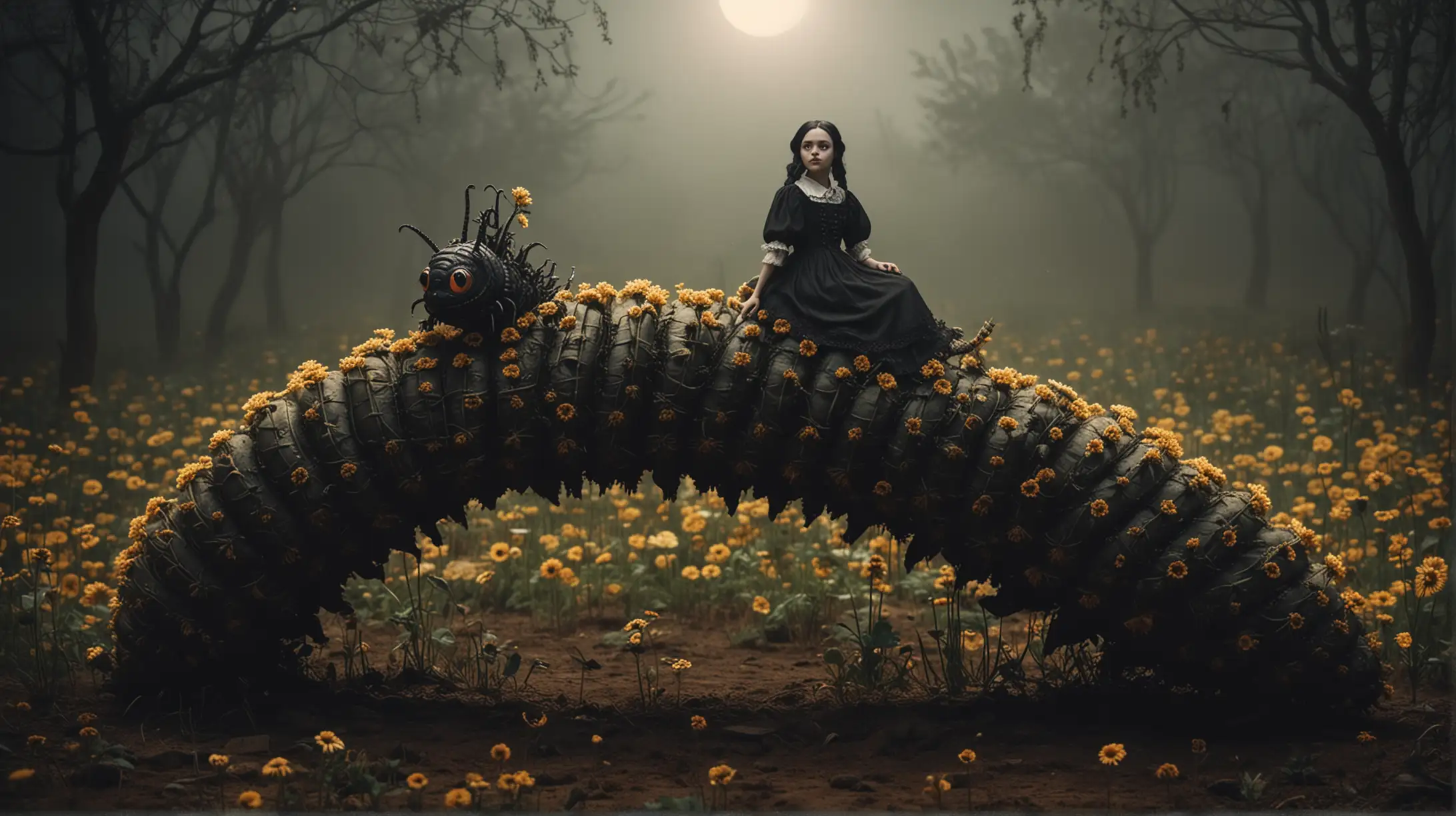 dark moody soft focus full body image. Wednesday Adams, riding a giant caterpillar, the caterpillar is flying over a garden of dry sun flowers, in a foggy night of full moon