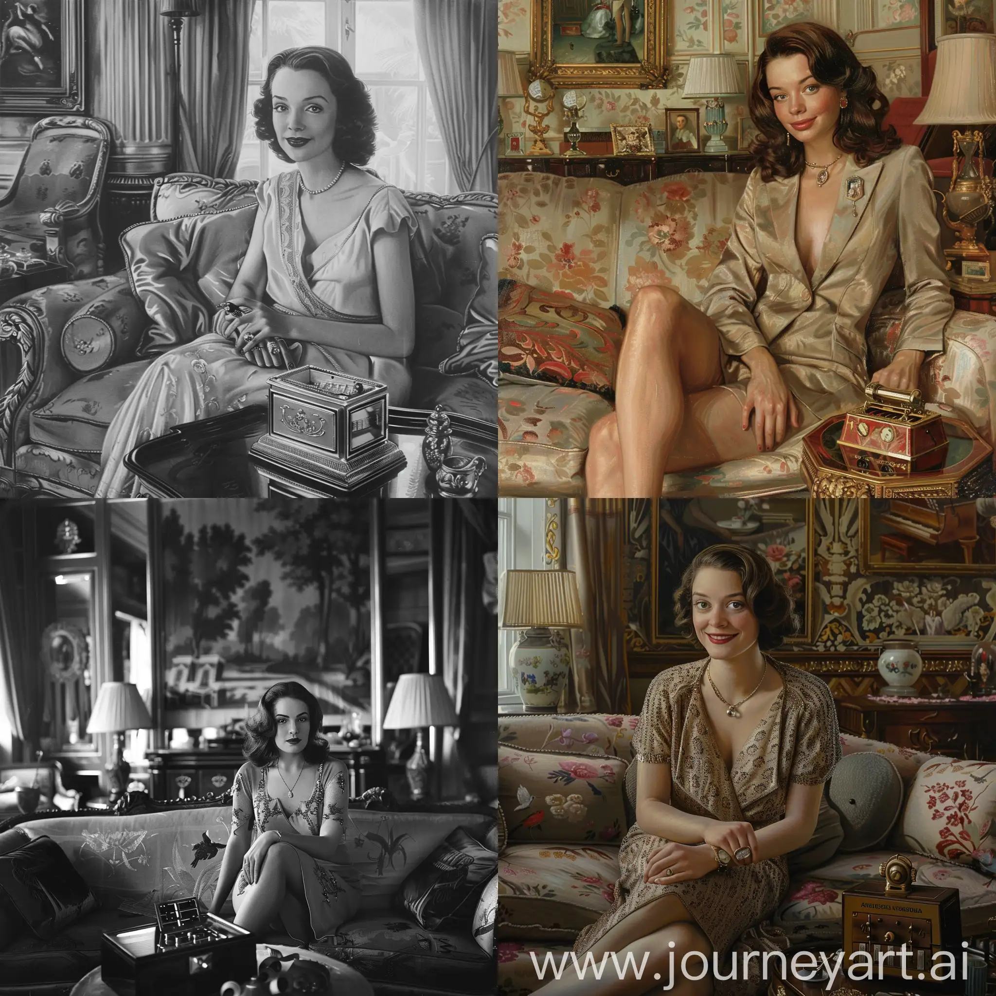 Elegant-Brunette-Woman-in-1930s-English-Living-Room-with-Mischievous-Gaze-and-Music-Box
