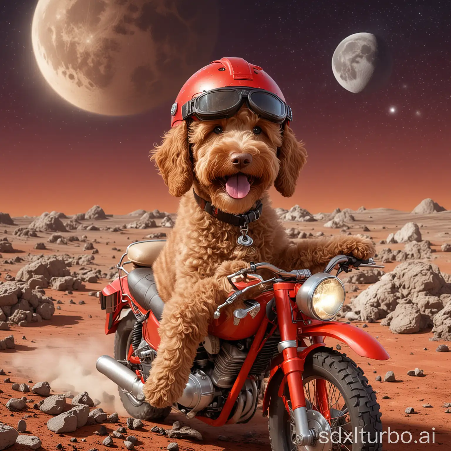 Cartoon, a cheerful light brown labradoodle wearing a helmet and goggles, riding a red motorcycle on the moon's surface with earth hanging in the background, vibrant, happy, adventurous