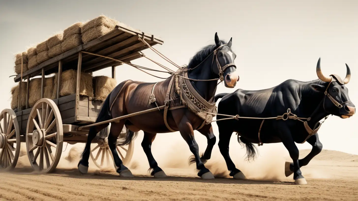 Biblical Era Horse and Bull Cart Pulling Together