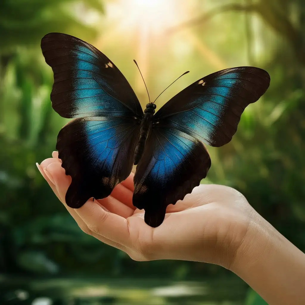 Holding Dark Blue Butterfly Serenity in Human Palm