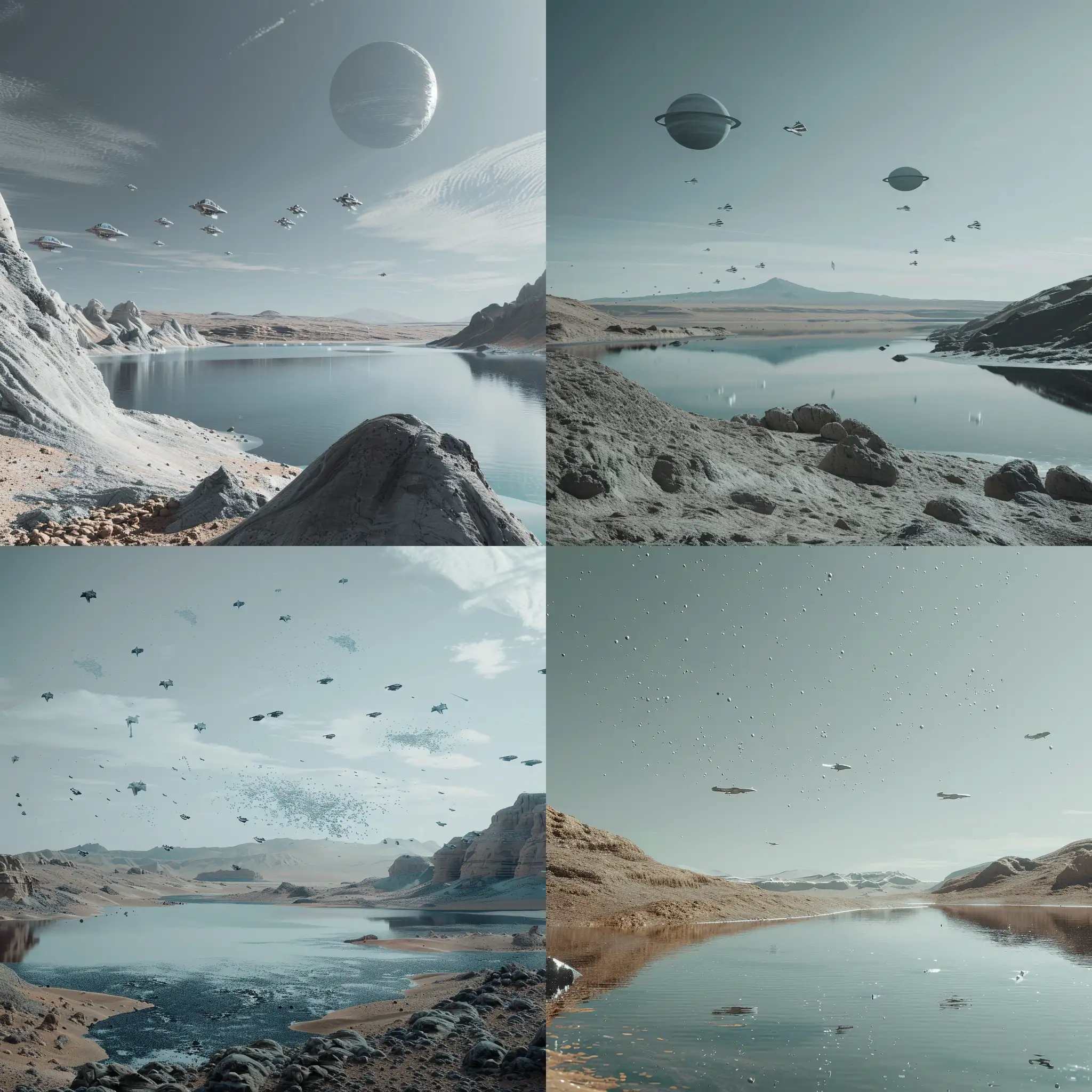  Фантастическая планета в стилистике фильма Дюна, космический пейзаж, серо-голубое небо, озеро,  на небе космические корабли, 8k, плёночная фотография, ультодетализация, рассеяние света, резкий фокус, высокая детализация 