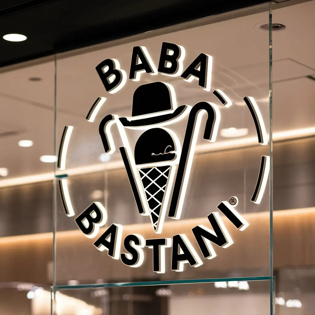 a logo design,with the text "BABA BASTANI", main symbol:cane Hat Ice cream,complex,be used in Retail industry,clear background