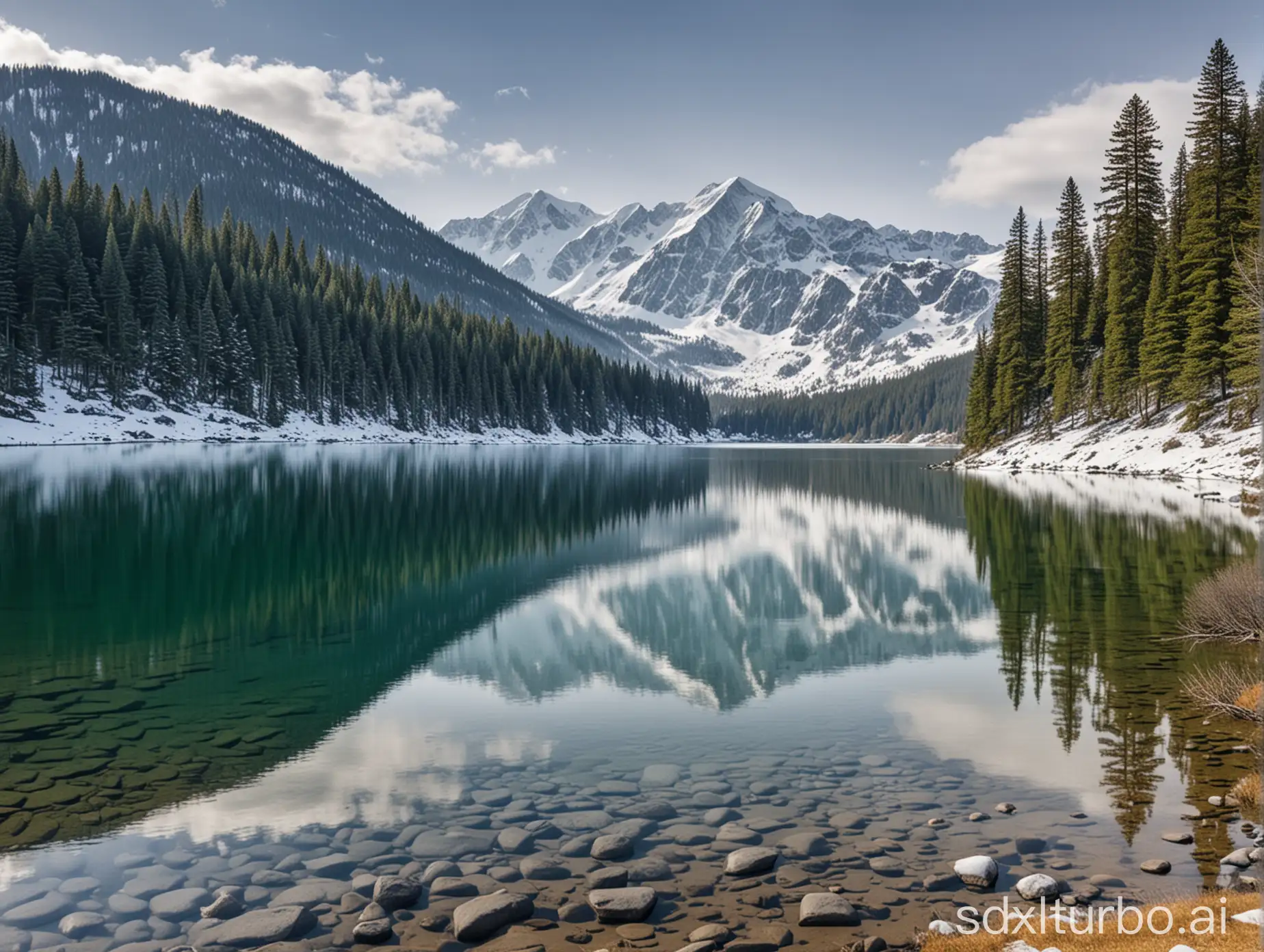 Panoramic view of a vast, serene lake surrounded by snow-capped mountains and evergreen trees.