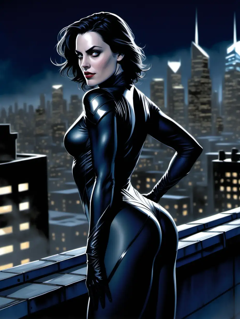 Buxom Heroine Antje Traue Strikes a Dynamic Pose atop a Night City Rooftop