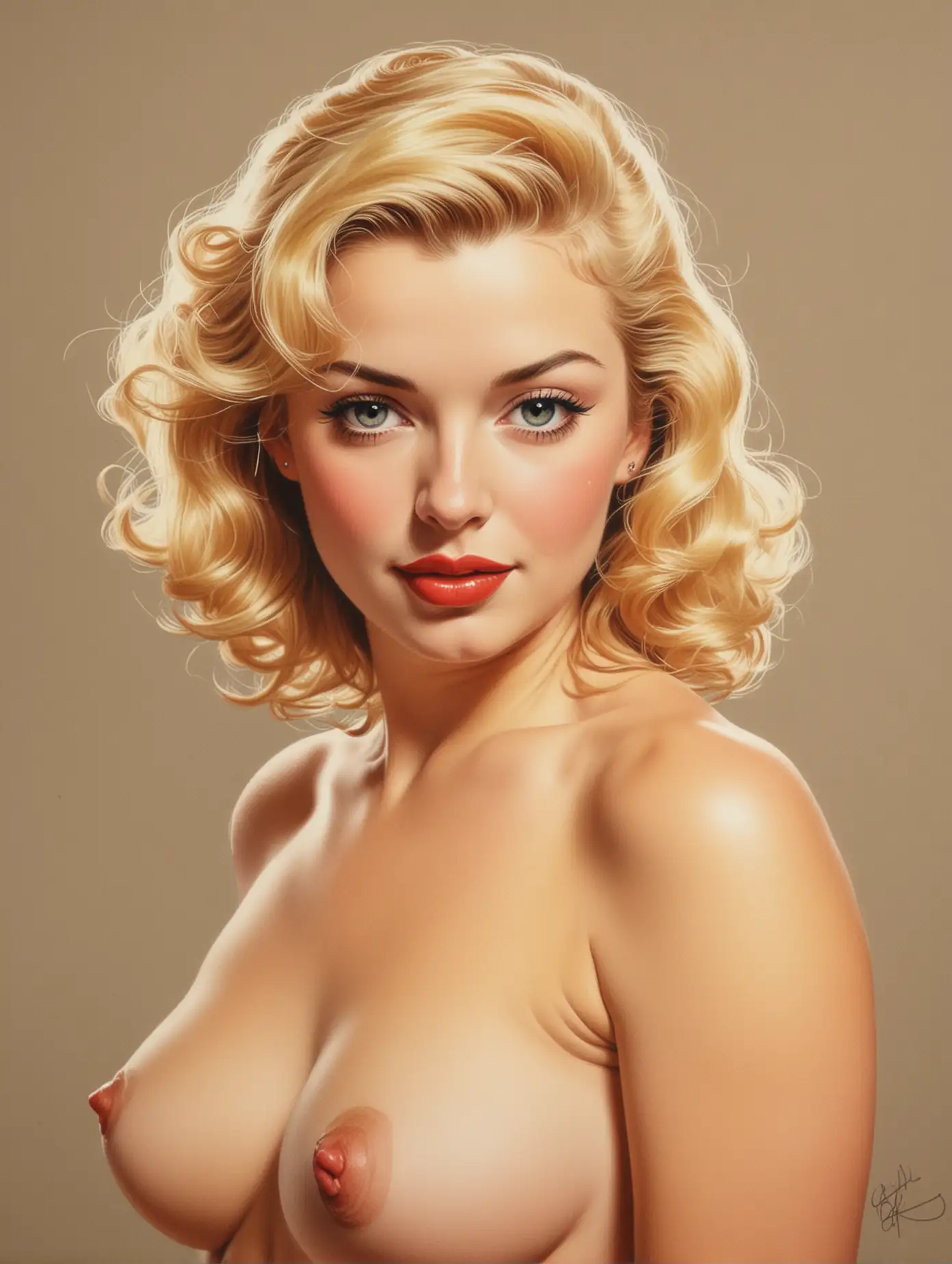 Alain Aslan color drawing of beautiful, nude, blonde, pinup girl.
