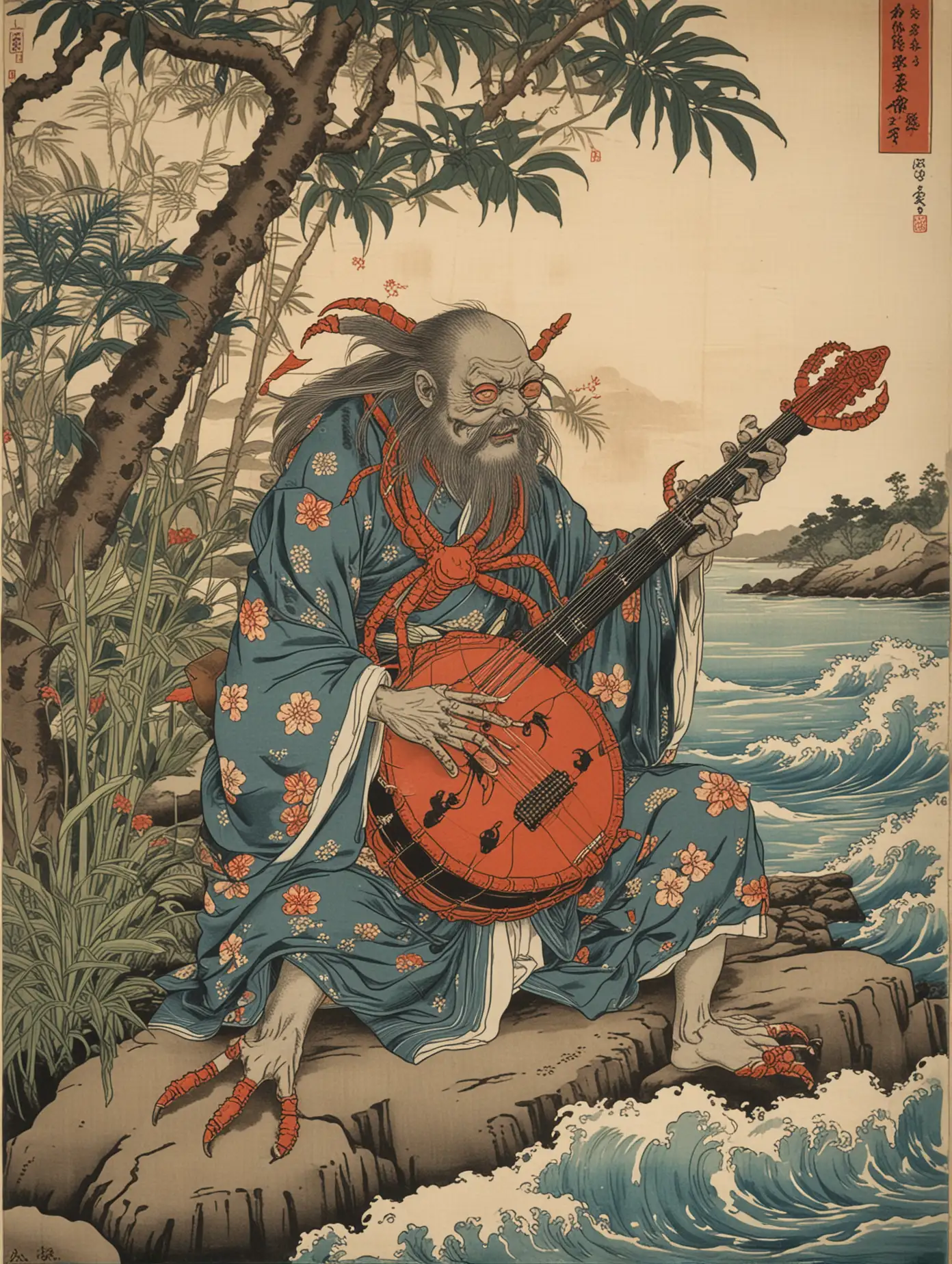 19th century Japanese ukiyoe block print, showing an athropomorphised giant crab, in a seated position, playing the shamisen, in a tropical setting, ukiyoe style