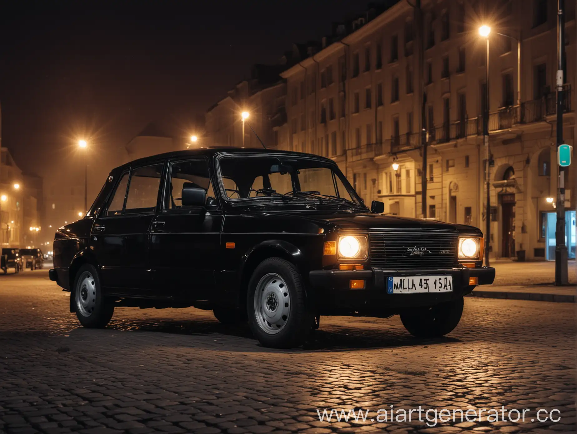 Black-Lada-Car-Parked-in-Urban-Night-Scene-with-City-Lights