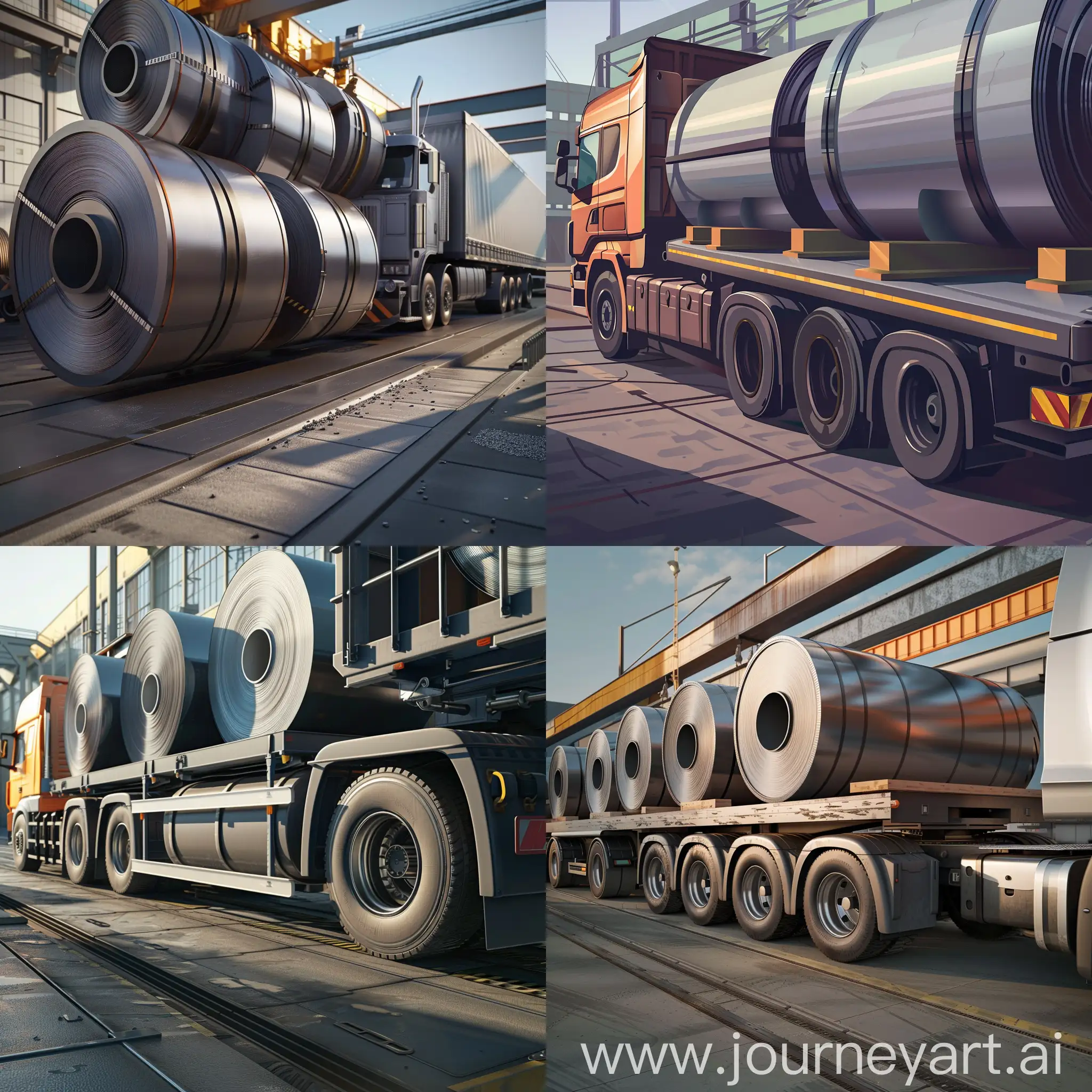 Create a realistic image of steel rolls loading onto a truck. The truck should be depicted with clean lines and high details , while the steel rolls should be accurately depicted with the right shade and texture. The scene should convey the industrial environment with a focus on performance and efficiency