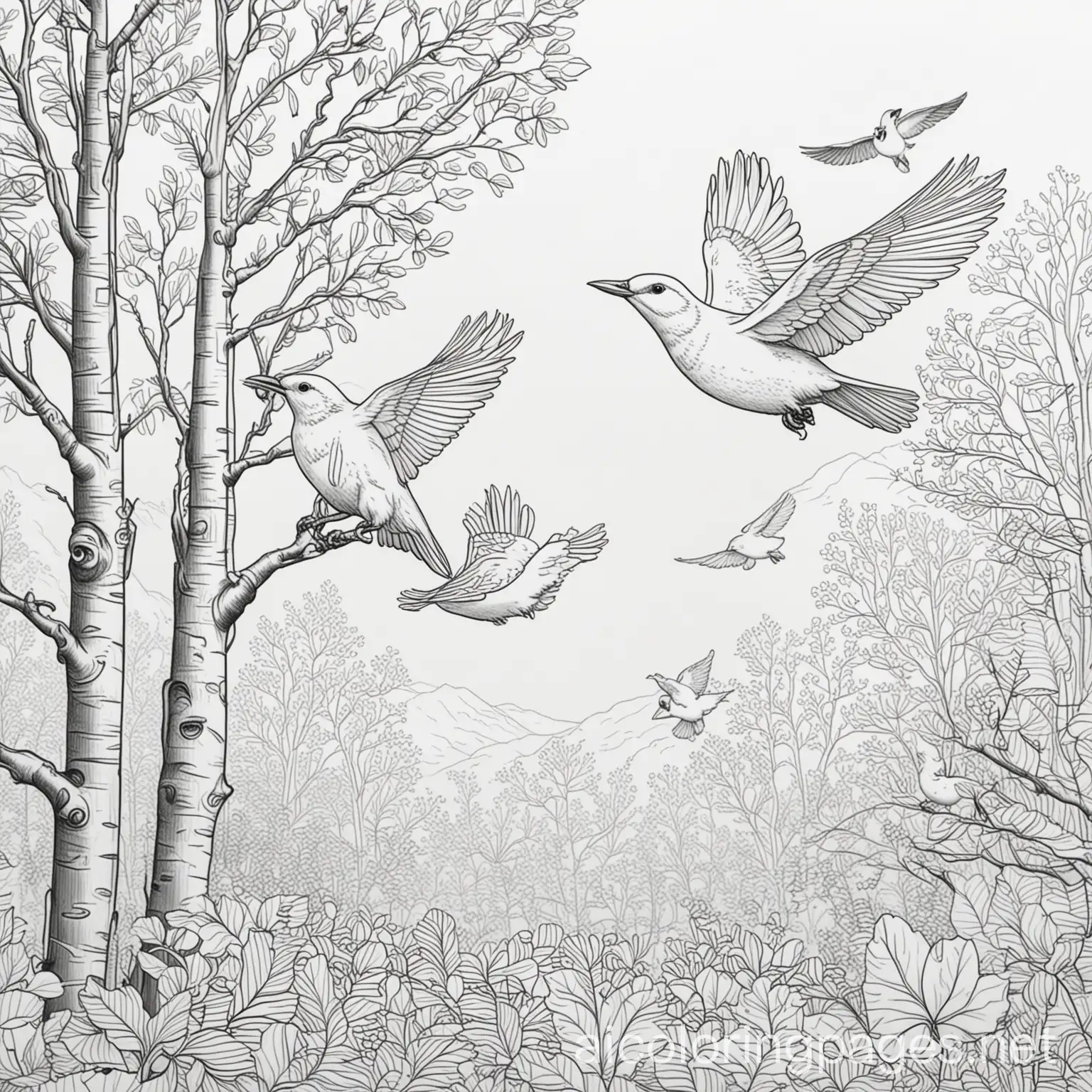Birds-Flying-Through-Trees-Coloring-Page-Black-and-White-Line-Art-for-Kids