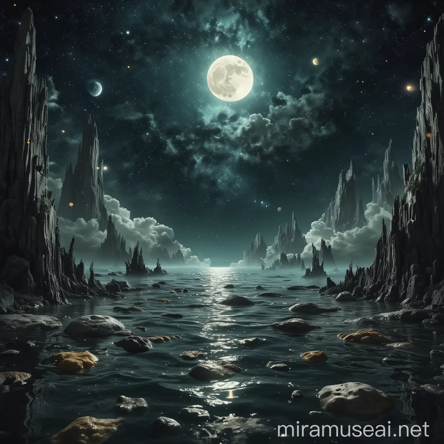 Create a surreal image elements of the moon, stars, celestial beings, and an aquatic atmosphere.