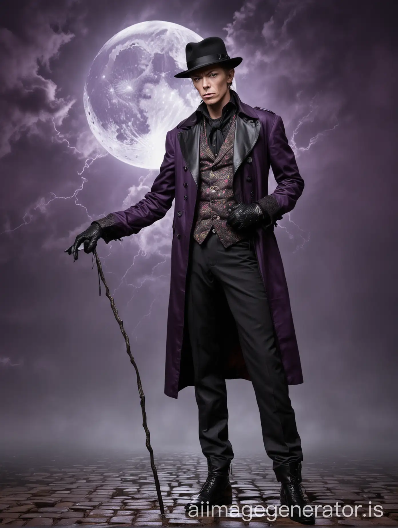 david bowie face in his teens, man wearing black leather gloves, black hair, disgust face expression, wearing black fedora hat, juvenile face,  slender young man with a black hair, man holding a black gentleman's cane with a silver handle, man wearing black linen suit, purple paisley vest,  midnight background with a stormy black clouds, crescent-shape moon, wet brickroad, old victorian city background, wet stone bricks