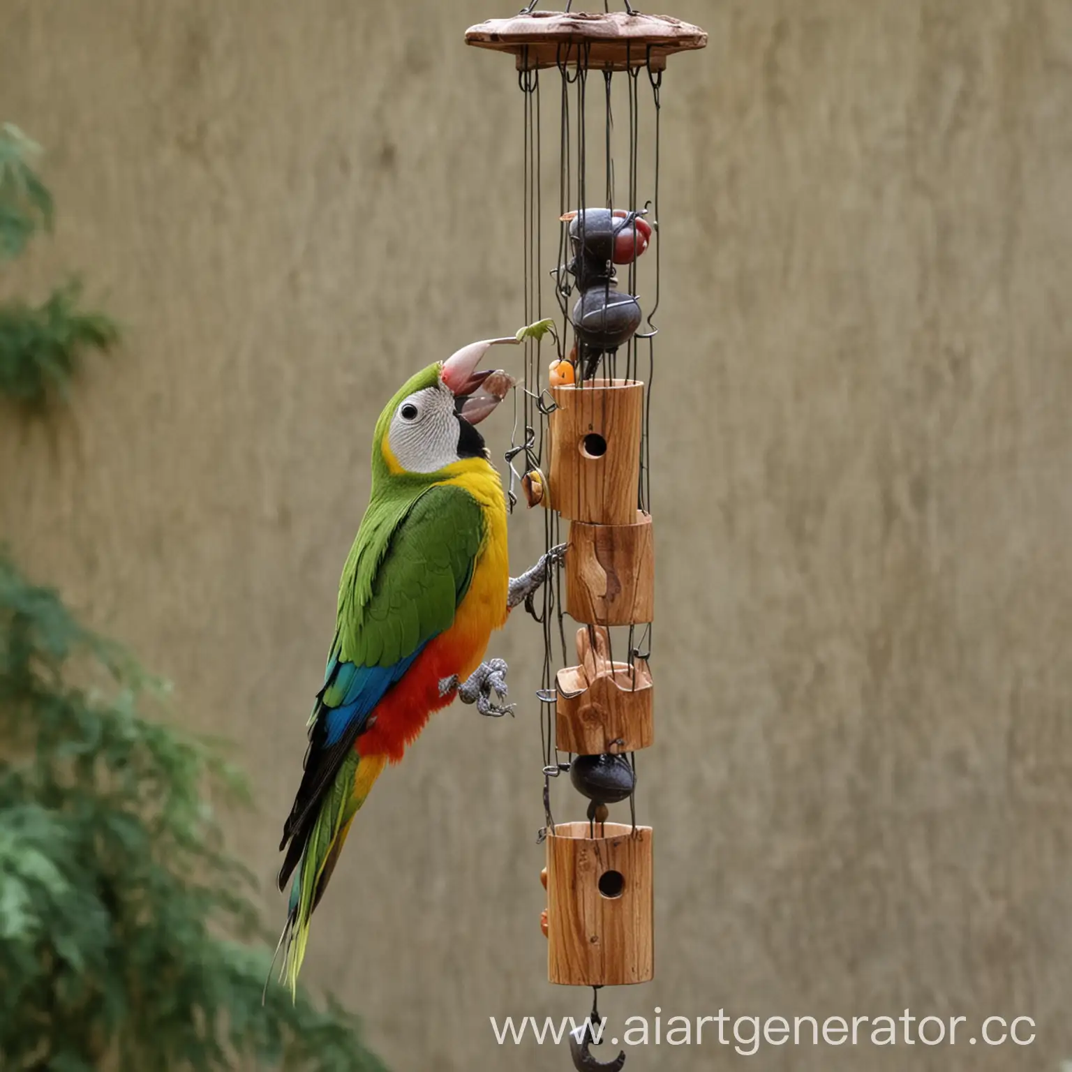 Colorful-Parrot-Roma-Transforms-into-a-Woodpecker-Pecking-Wind-Chime