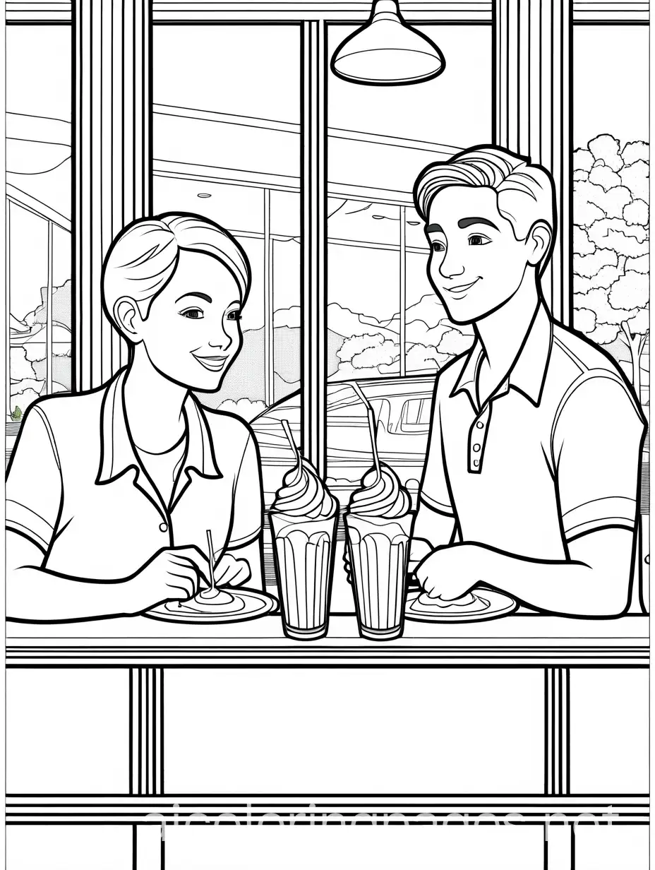 CREATE A  COLORING PAGE OF FRIENDS ENJOYING MILKSHAKES AT A DINER
, Coloring Page, black and white, line art, white background, Simplicity, Ample White Space. The background of the coloring page is plain white to make it easy for young children to color within the lines. The outlines of all the subjects are easy to distinguish, making it simple for kids to color without too much difficulty