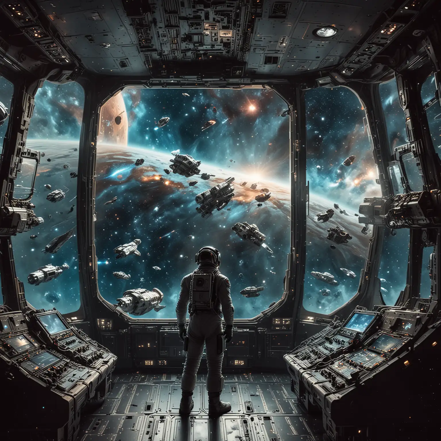 Astronaut stands large command centre of a spaceship looks out of a large window to a large fleet of ships in a nebula, with no planet nearby