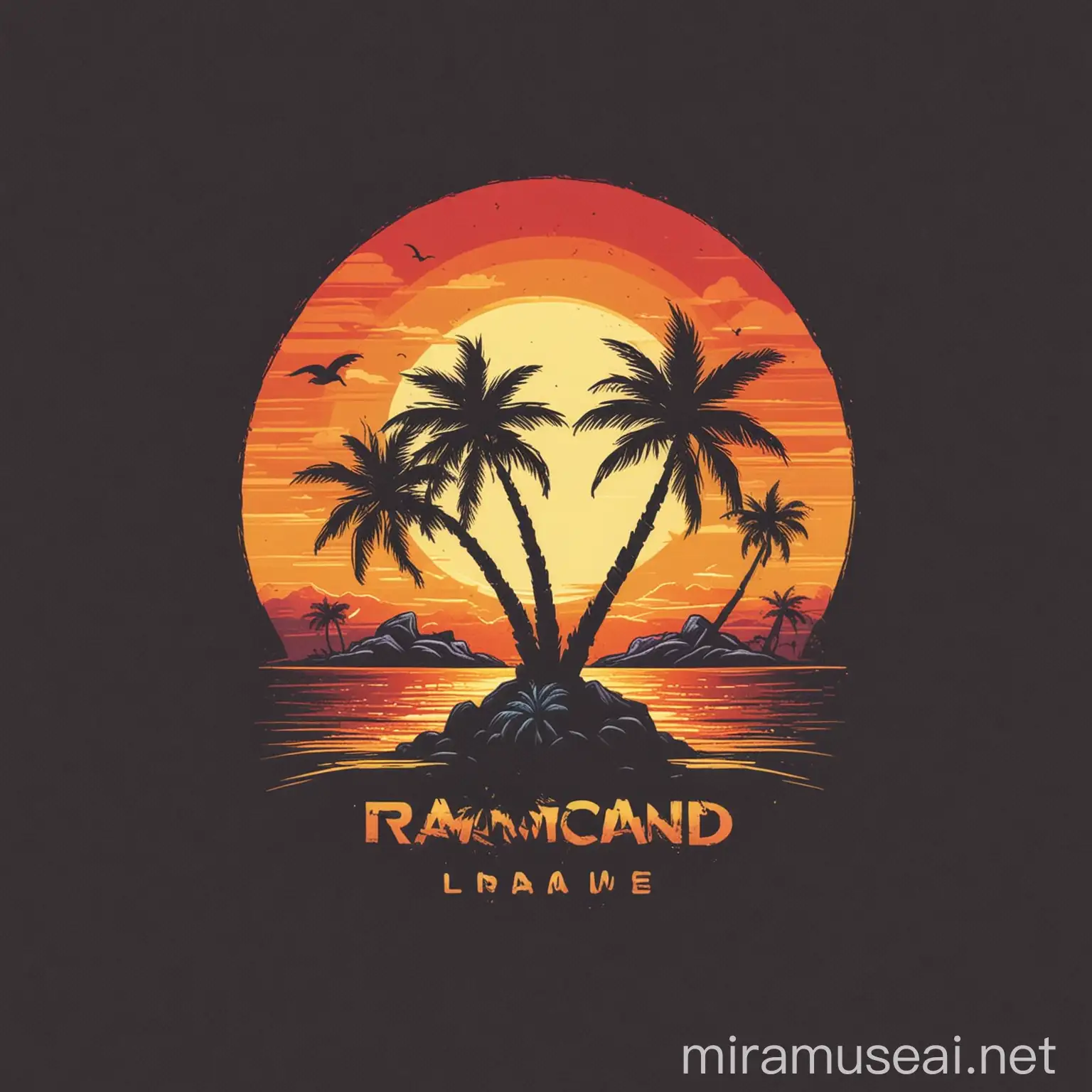 fun logo with island and two palm trees at sunset, palm trees must be black, use tones of red orange yellow and blue, t shirt print