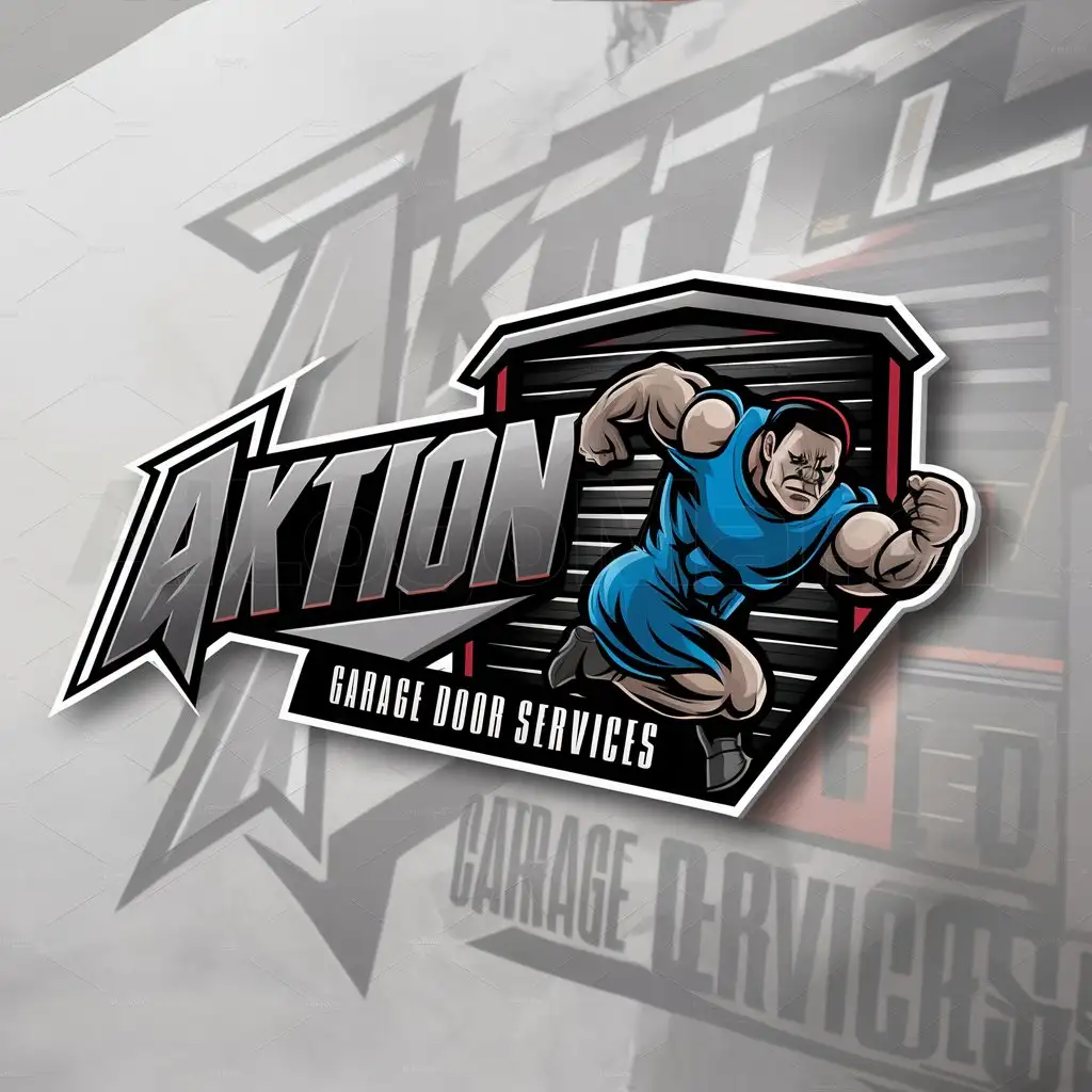 LOGO-Design-for-Aktion-Bold-Muscular-Mascot-Emerges-from-Garage-Door-with-Intense-Red-and-Black-Gradient-Background