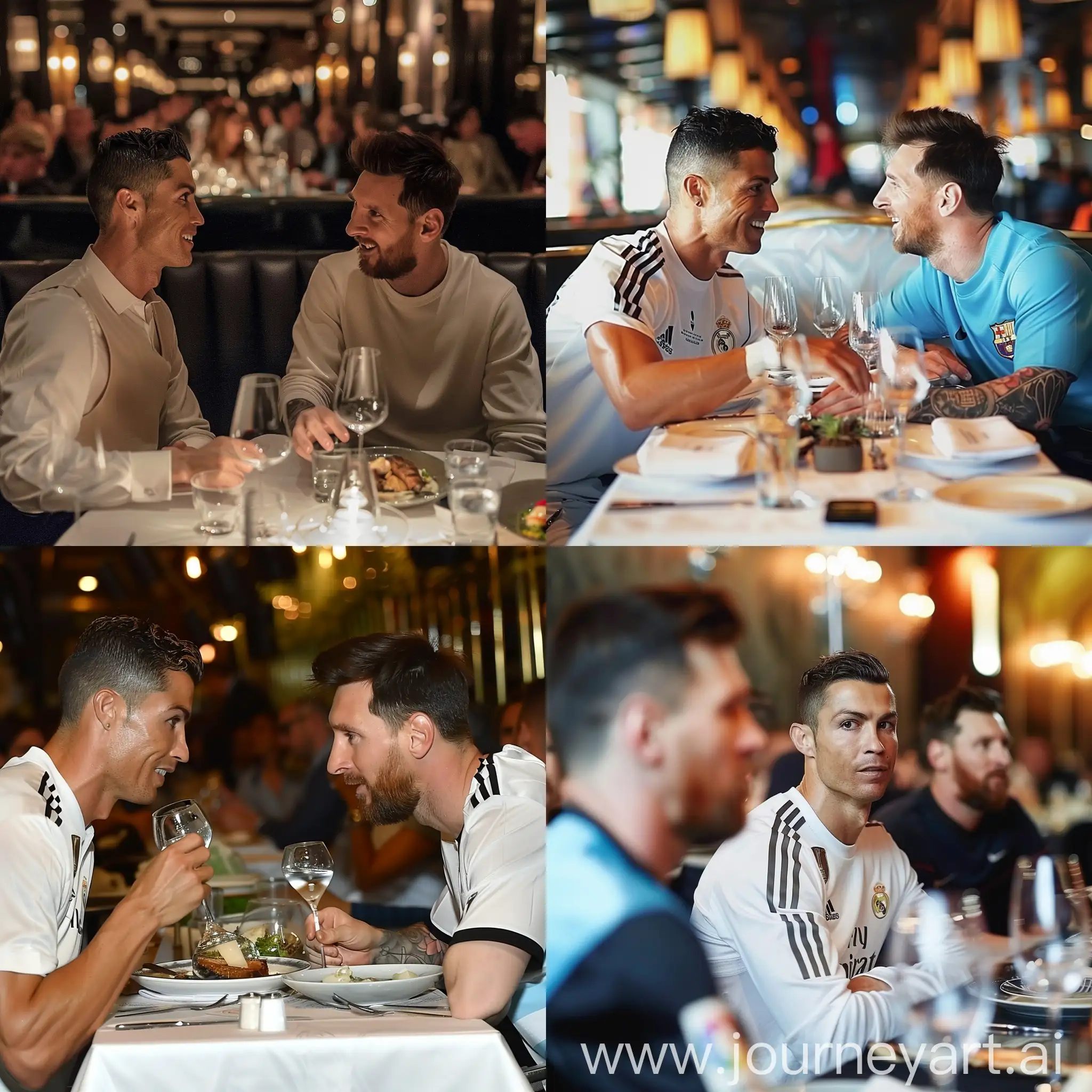 Cristiano Ronaldo having dinner in a luxury restaurant with lionel messi