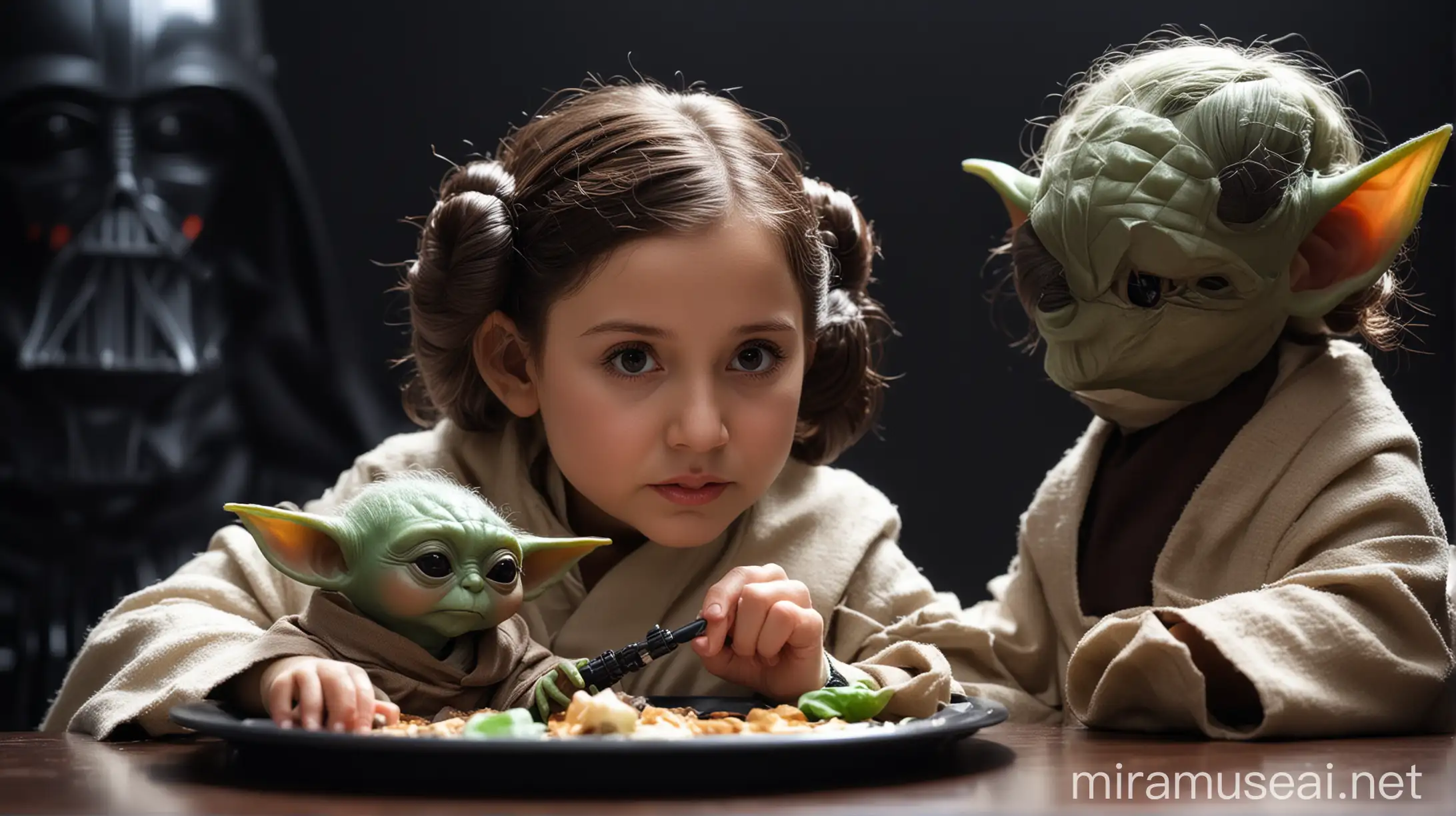 Young Princess Leia and Baby Yoda Eating Darth Vader