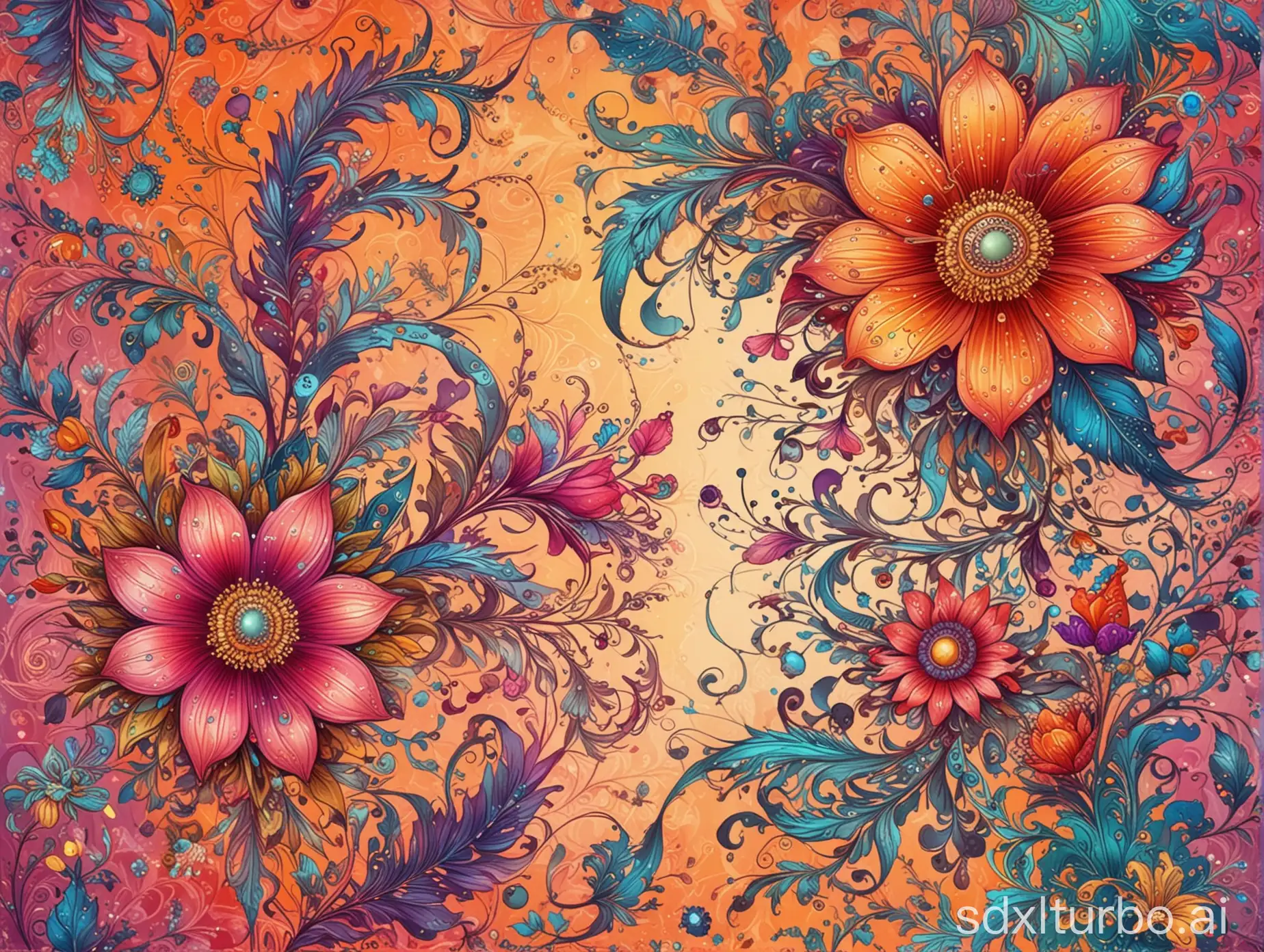 beautiful fantasy flowers and whimsical flourishes, all over print, bright and vibrant colors, Colorful Boho style, bright glowing and sparkling background