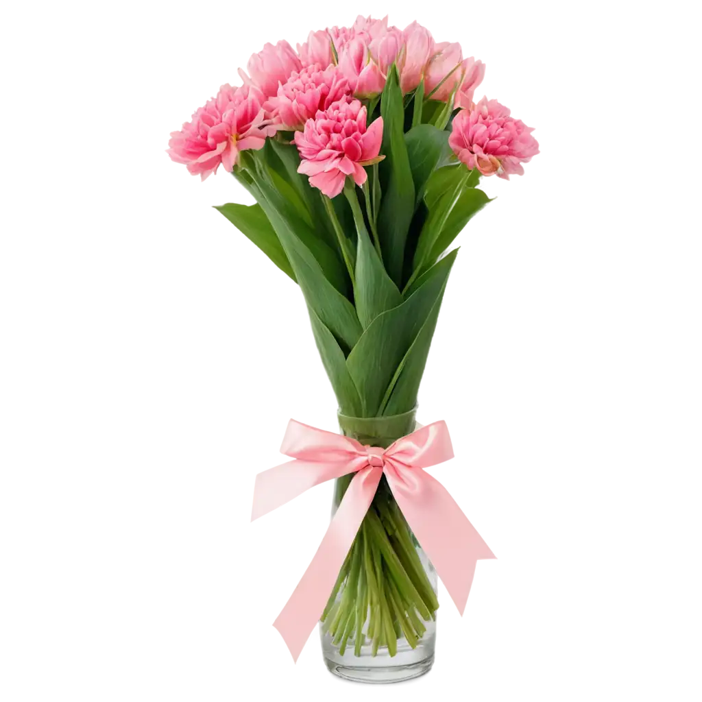 pink vase full of various pink flowers wrapped in pink ribbon on a transparent background