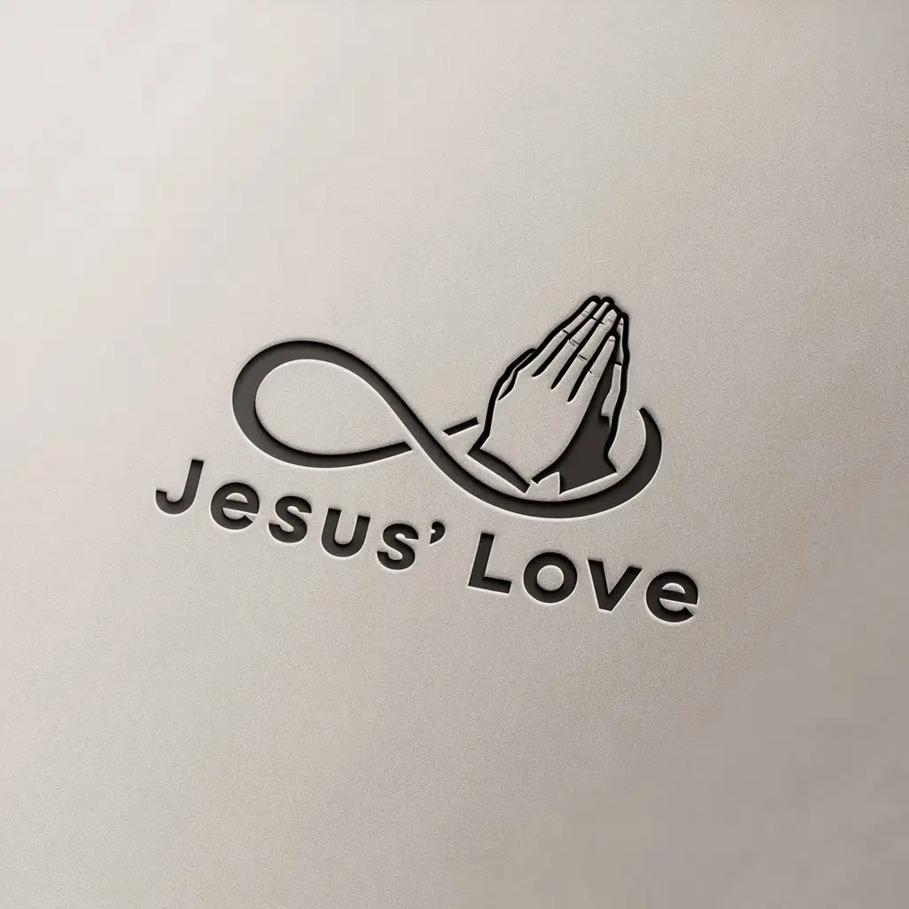 a logo design,with the text "Jesus' love", main symbol:two hands, worship, textbook,Minimalistic,be used in Religious industry,clear background