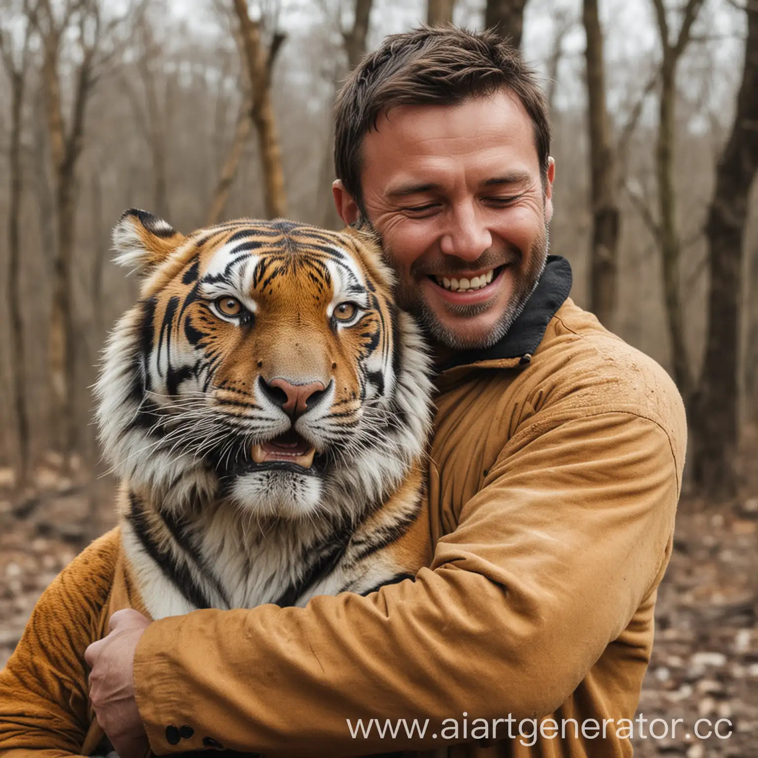 счастливый мужчина обнимается с тигром