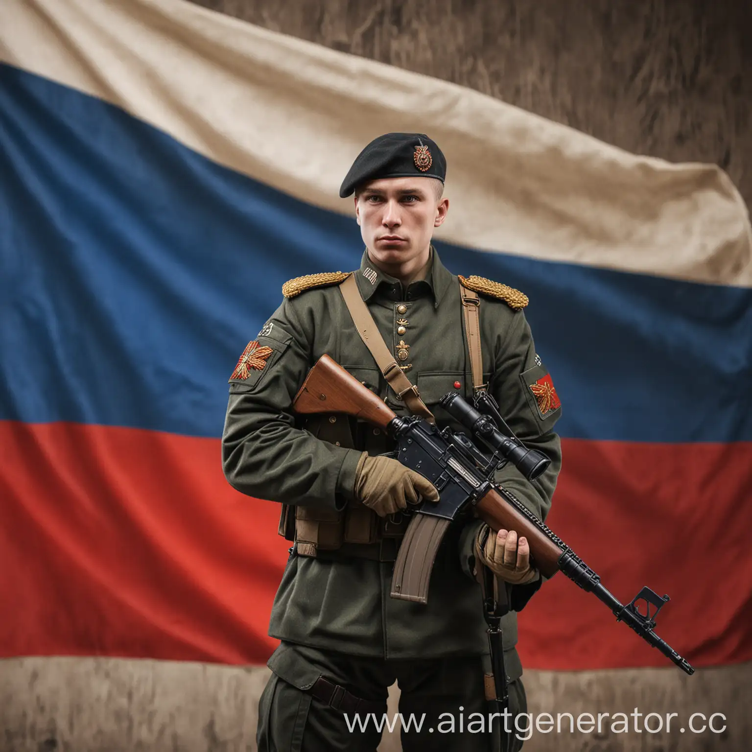 Russian-Empire-Soldier-Standing-with-Rifle-Before-Flag