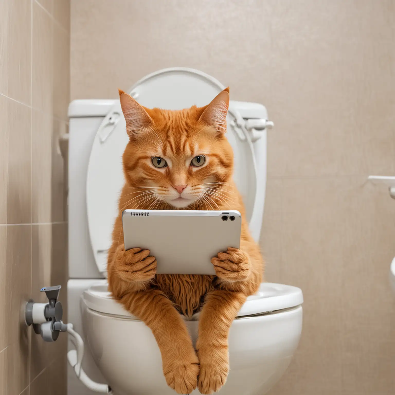 Ginger cat sits on the toilet and is captivated reading news on a smartphone