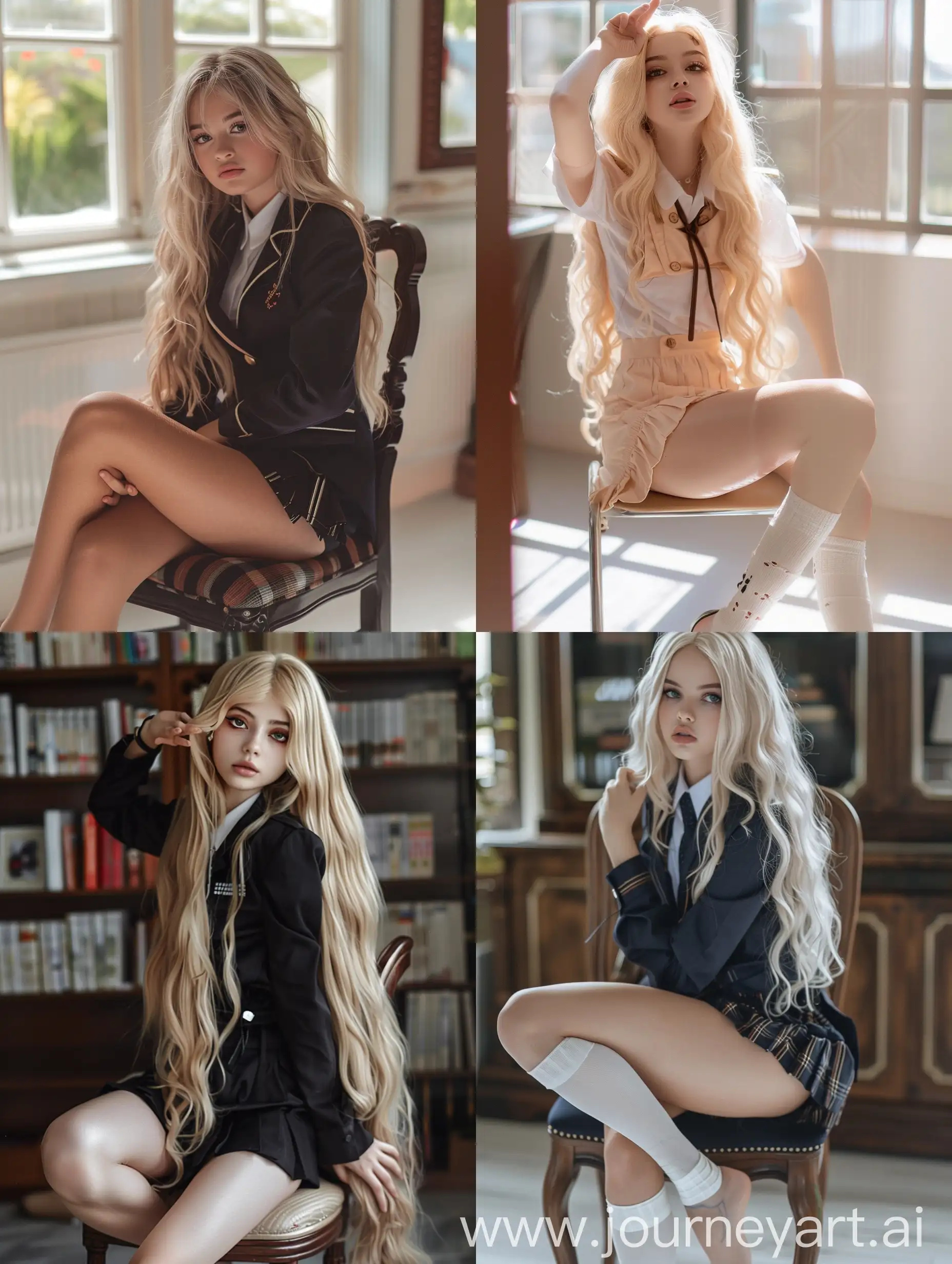 Stylish-Blonde-Teen-Influencer-in-School-Uniform-Sitting-on-Chair