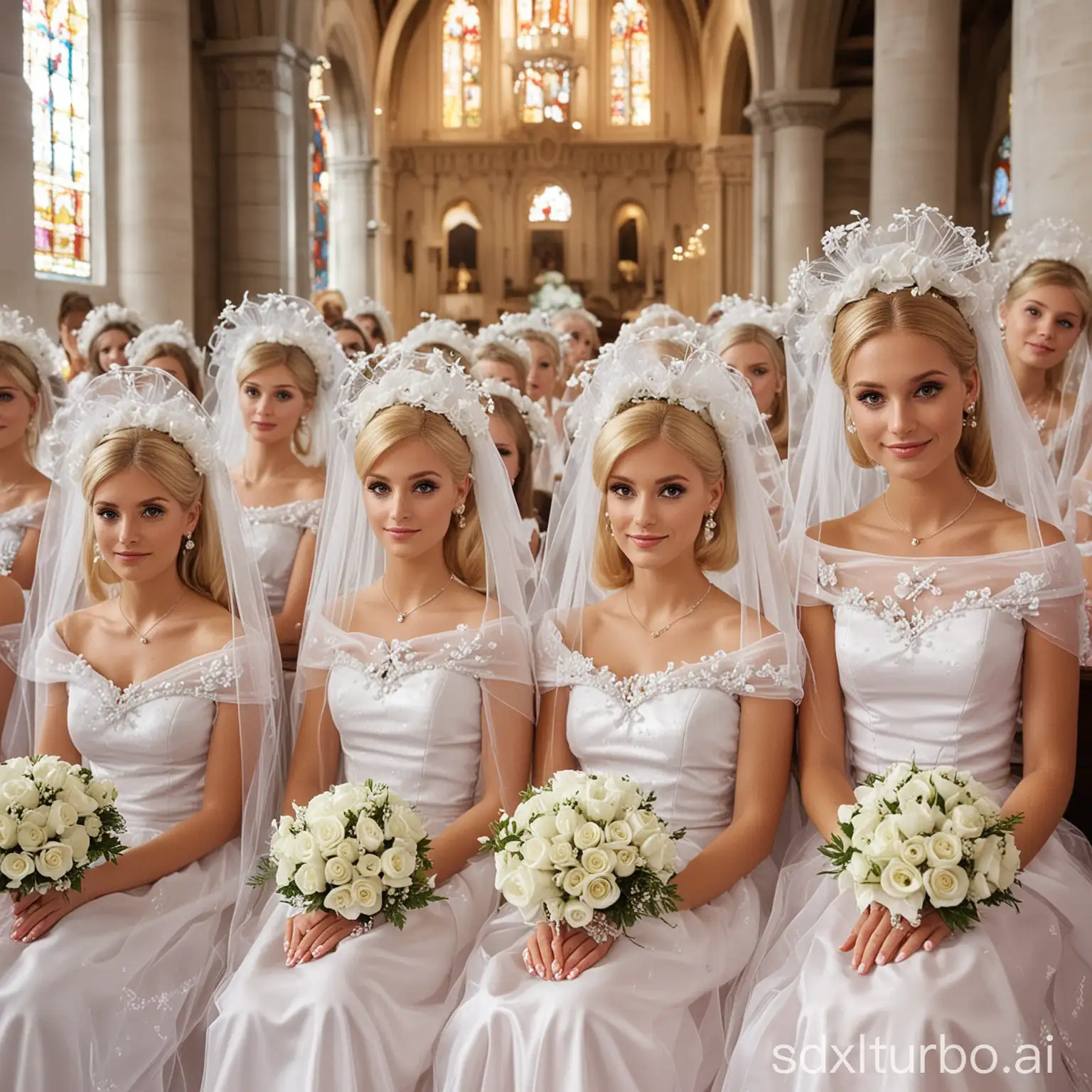 Crowd of Val Marchiori and her clones dressed as Barbie brides in veil and garland with white gloves and bouquet of flowers gathered sitting in the church