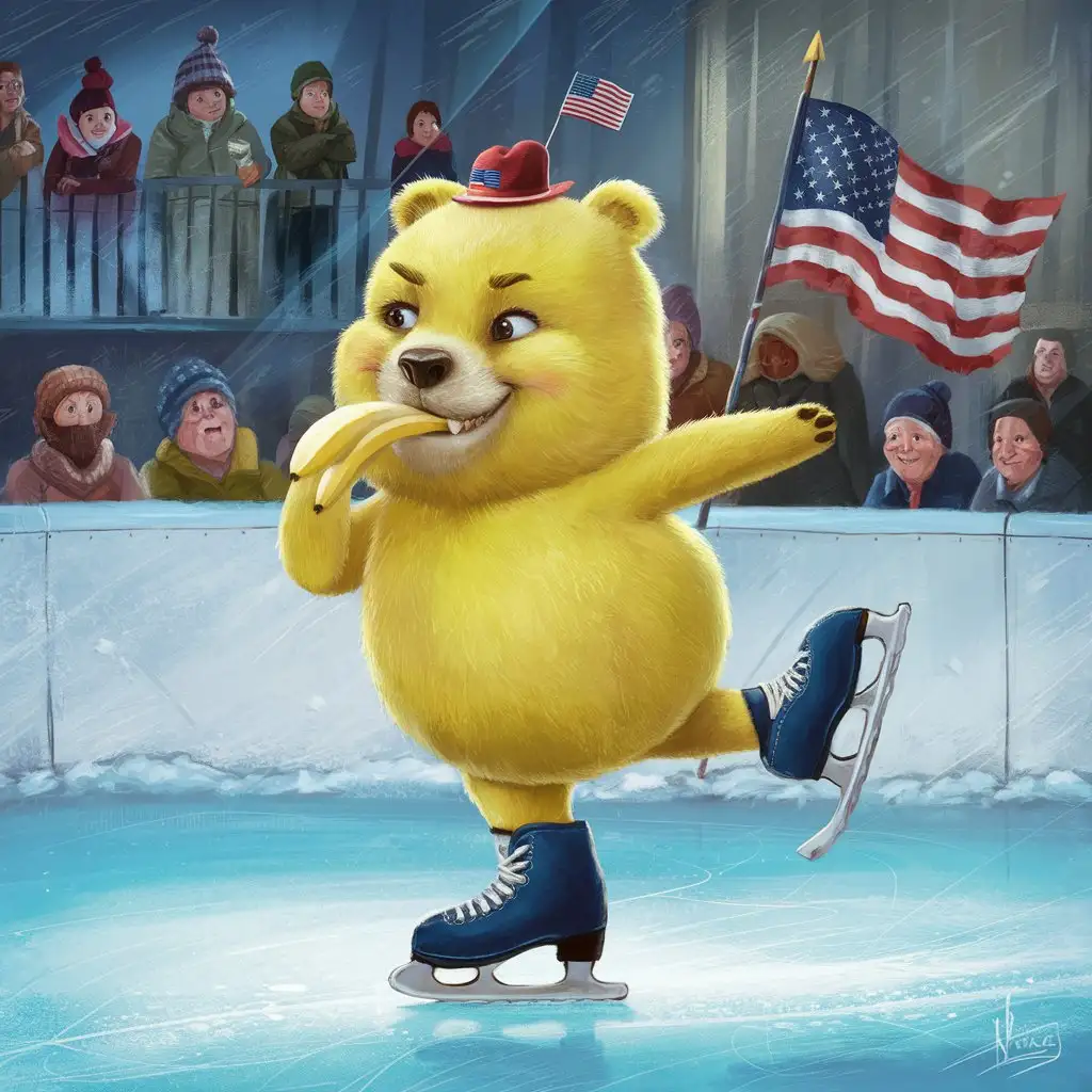Смешной Медведь, желтого цвета, с маленьким носиком, с американским флагом, ест банан, катается на коньках 