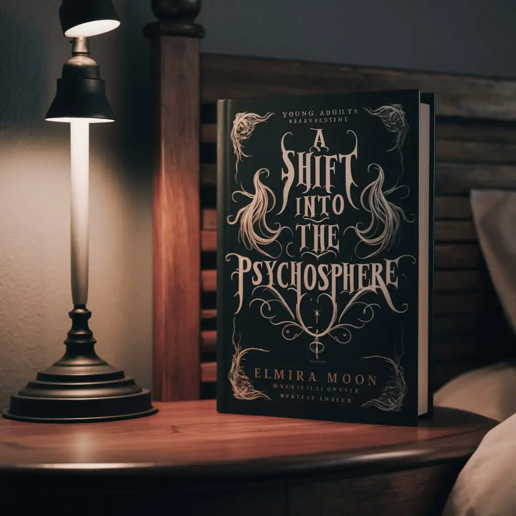 A book lying on a bedside table, young adult dark academia novel 'A Shift into the Psychosphere' by Elmira Moon