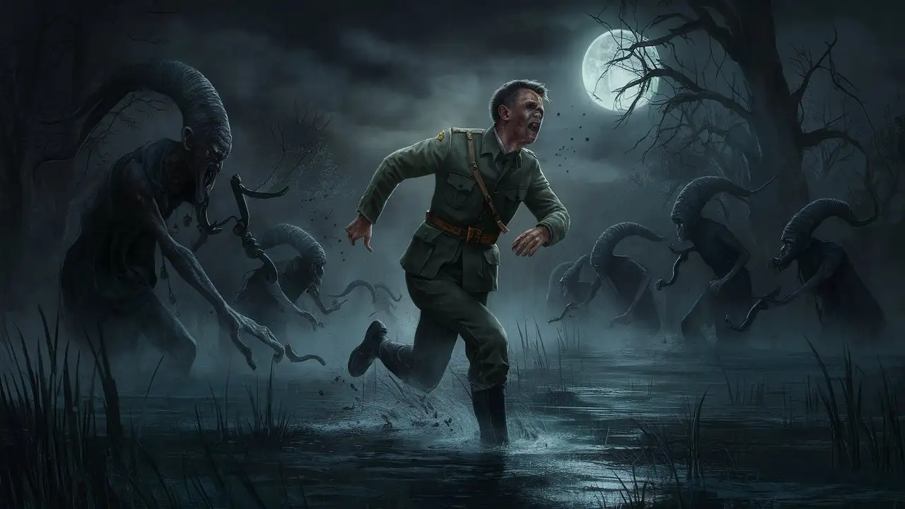 dark and dark forest in the swamp, a suffering wounded polish soldier runs and howls, terrifying dark African djinns around him, fog, moon, horror atmosphere