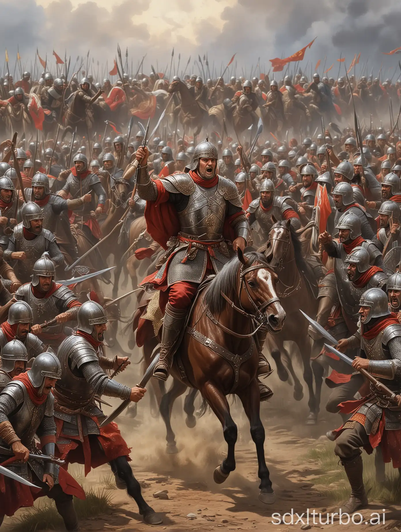 Hun Emperor Atilla fights in front of the Hun army.