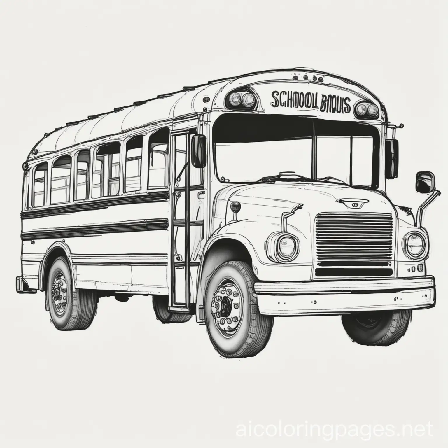 school bus, Coloring Page, black and white, line art, white background, Simplicity, Ample White Space. The background of the coloring page is plain white to make it easy for young children to color within the lines. The outlines of all the subjects are easy to distinguish, making it simple for kids to color without too much difficulty
