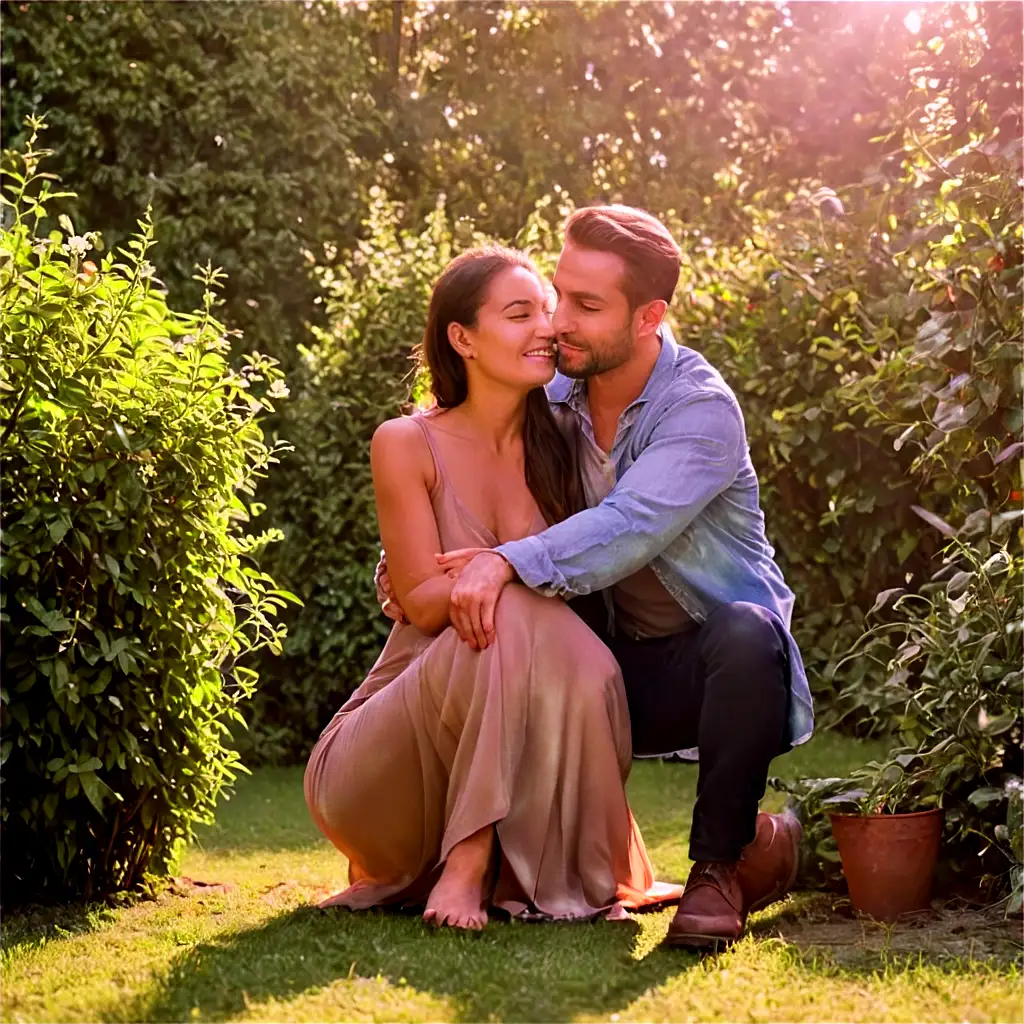 Ordinary-Man-with-Bright-Light-Hugging-Beautiful-Woman-in-Backyard-Garden-Captivating-PNG-Image-for-Online-Engagement