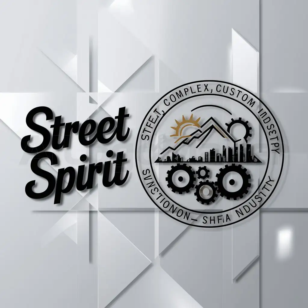 a logo design,with the text "Street spirit", main symbol:mountains sun city gears inscription in circle streets,complex,be used in Custon industry,clear background