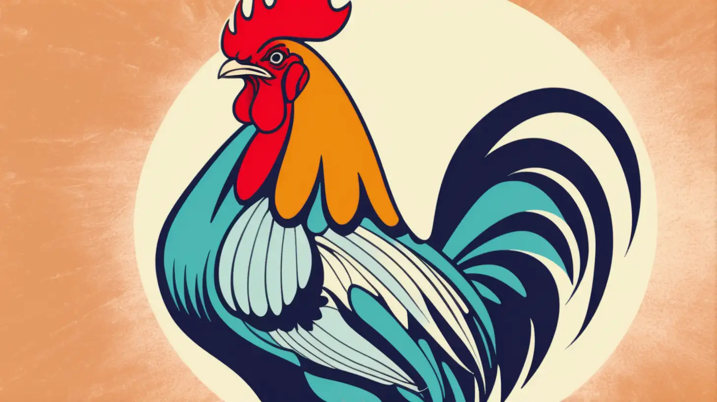 Colorful Retro Rooster Illustration on Block Background