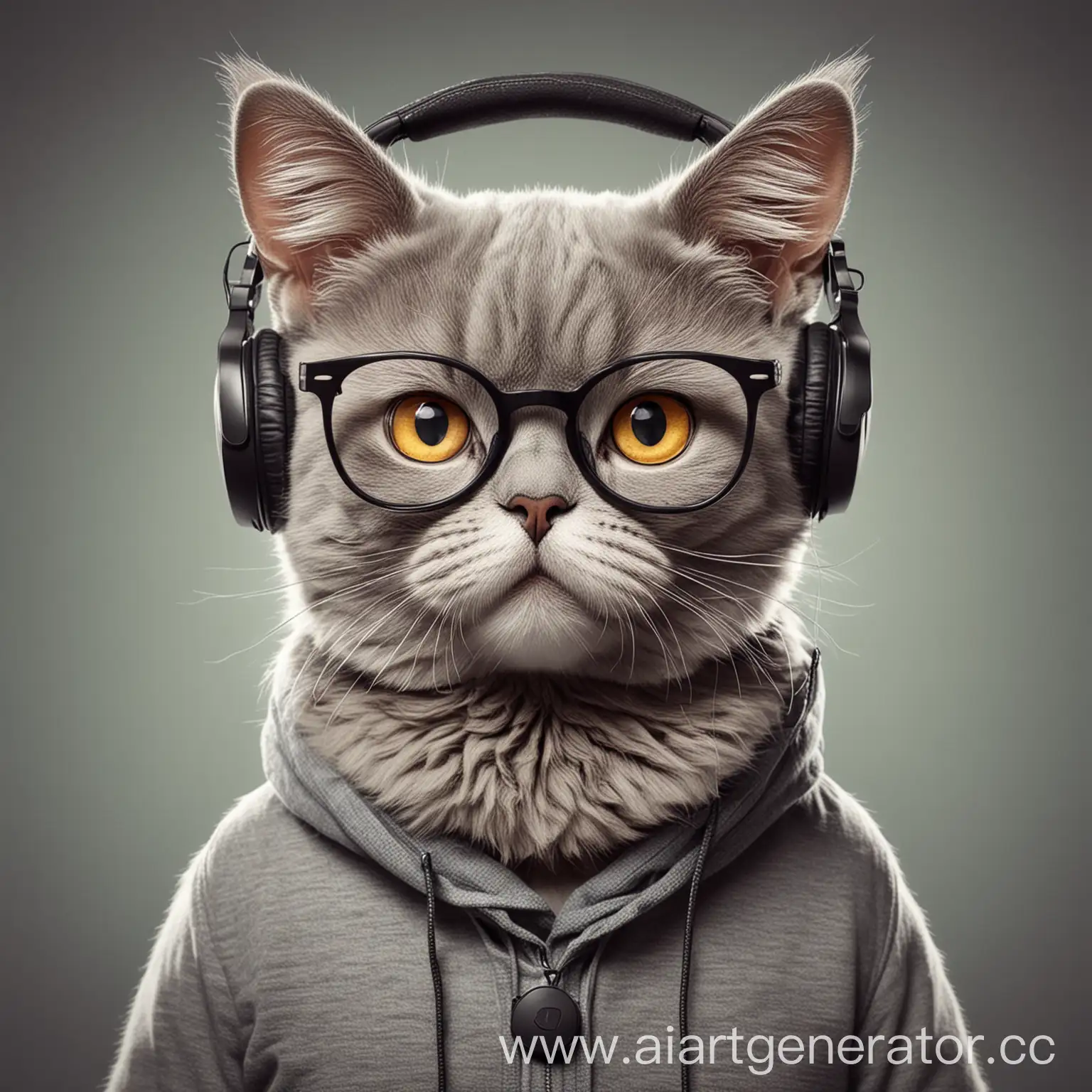 Cartoonish-Gray-British-Cat-Hipster-Wearing-Glasses-and-Headphones