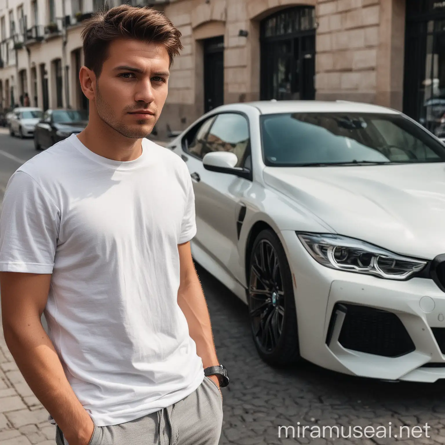 Man in White TShirt Standing Beside BMW Luxury Car