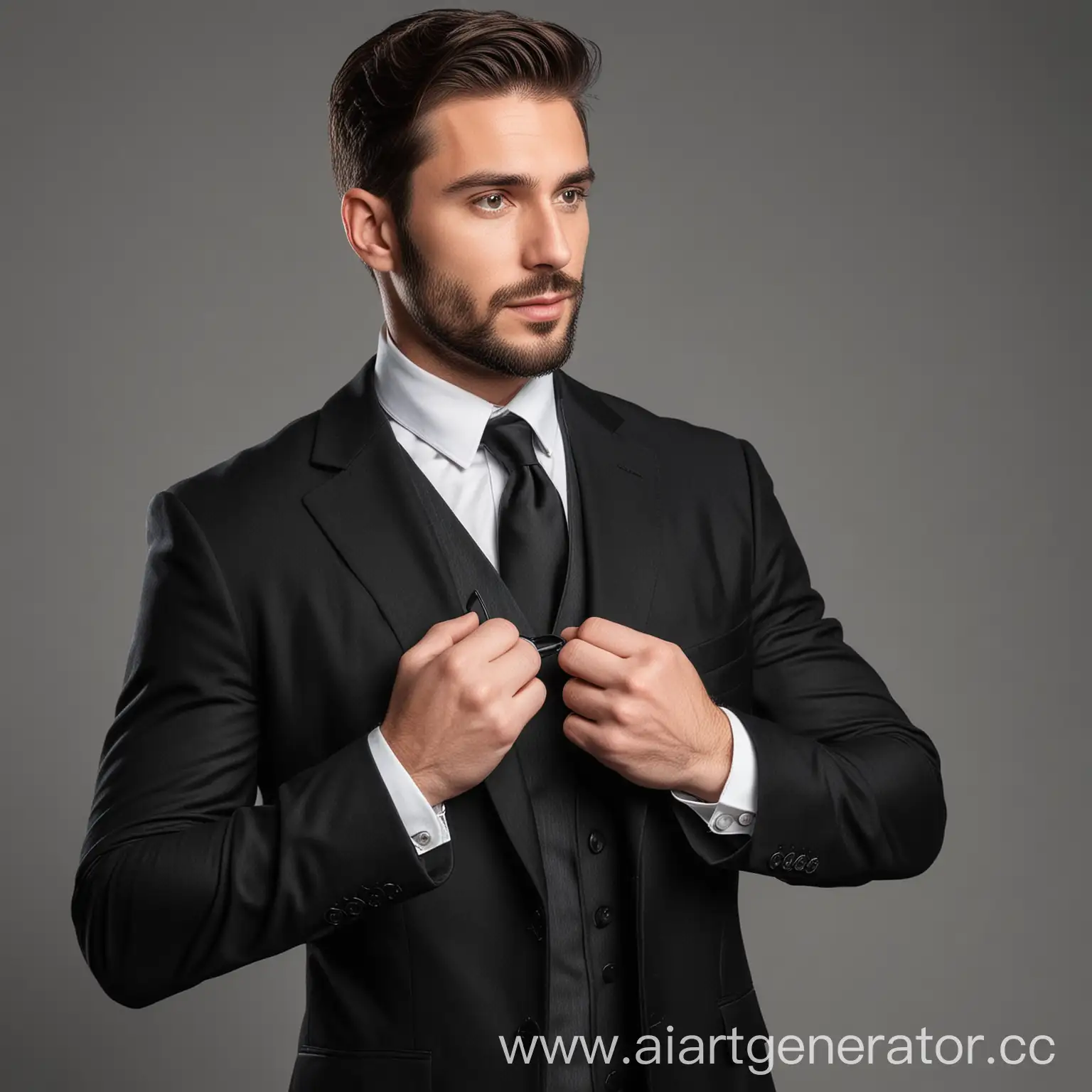 Stylish-Man-in-Black-Suit-Adjusting-Collar-with-Poco-X6-Pro-Phone