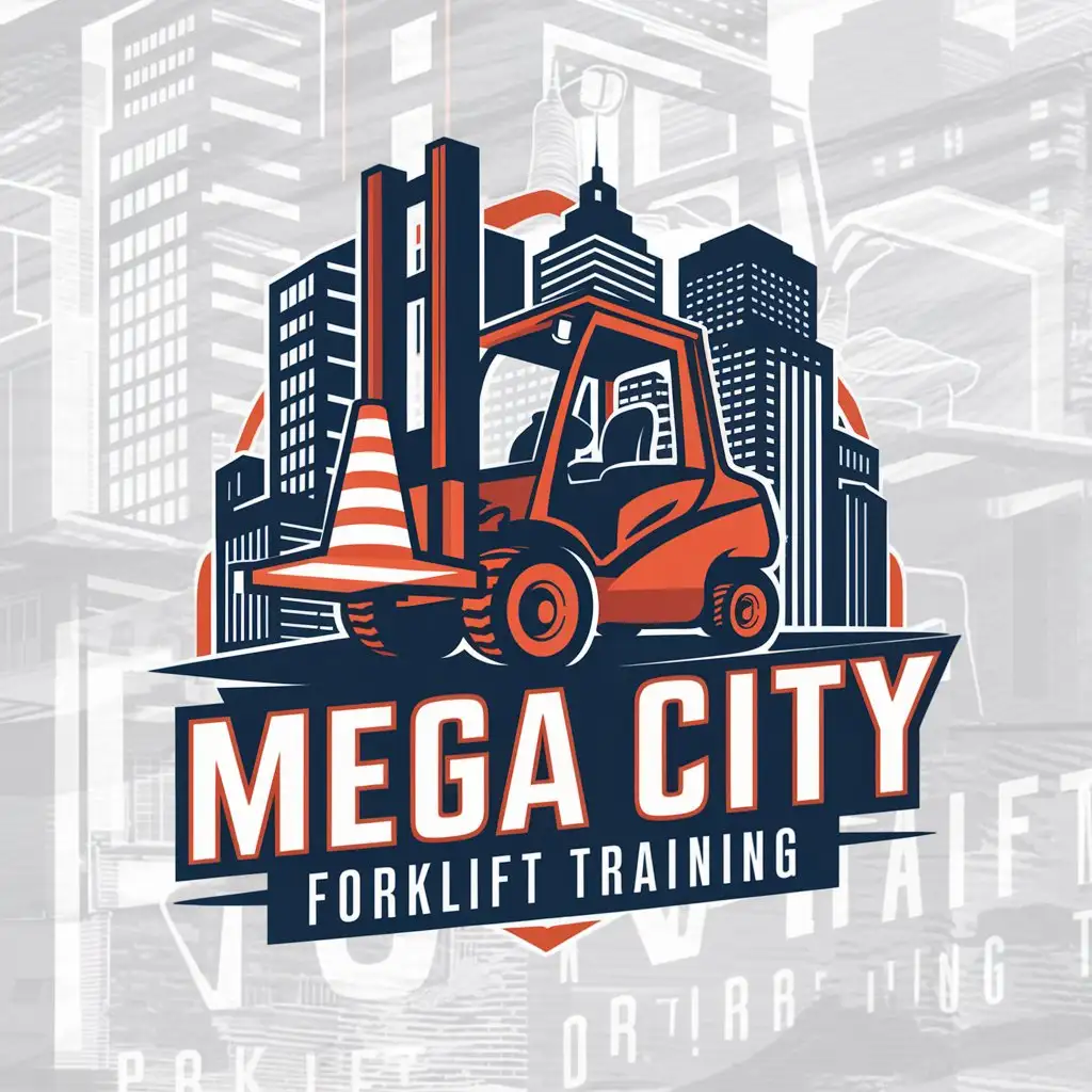 a logo design,with the text "mega city FORKLIFT TRAINING (Forklift Training Large font)", main symbol:Orange and Navy Blue Forklift with buildings behind it and lifting a safety cone,Moderate,clear background