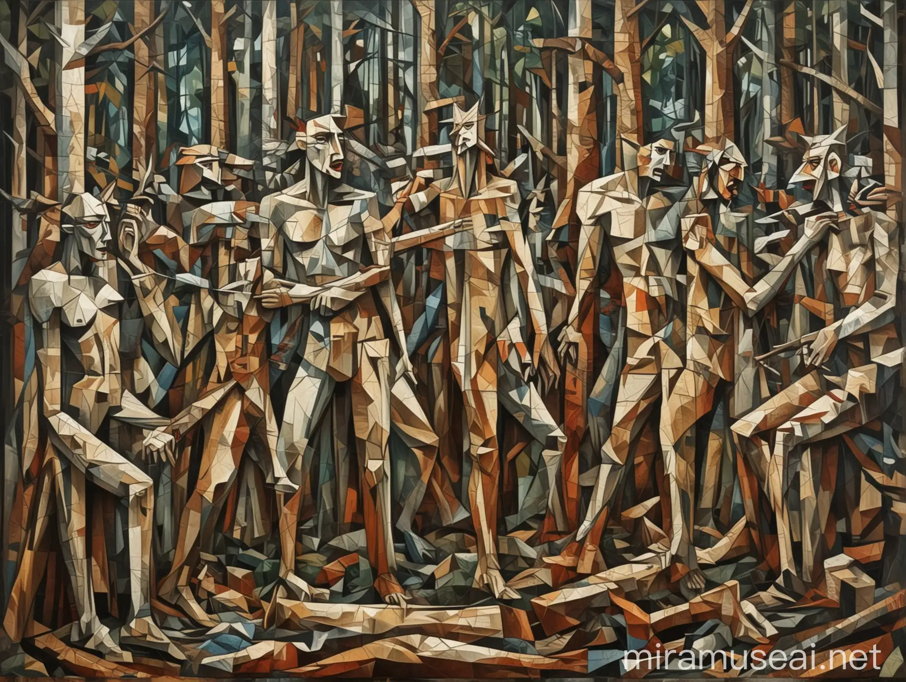 Cubist painting of wild people who massacre the trees