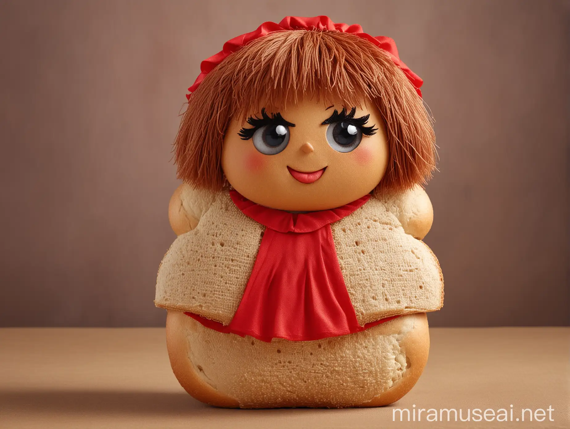 Cartoon Character Fiber Bread Costume with Brown Wig and Red Dress