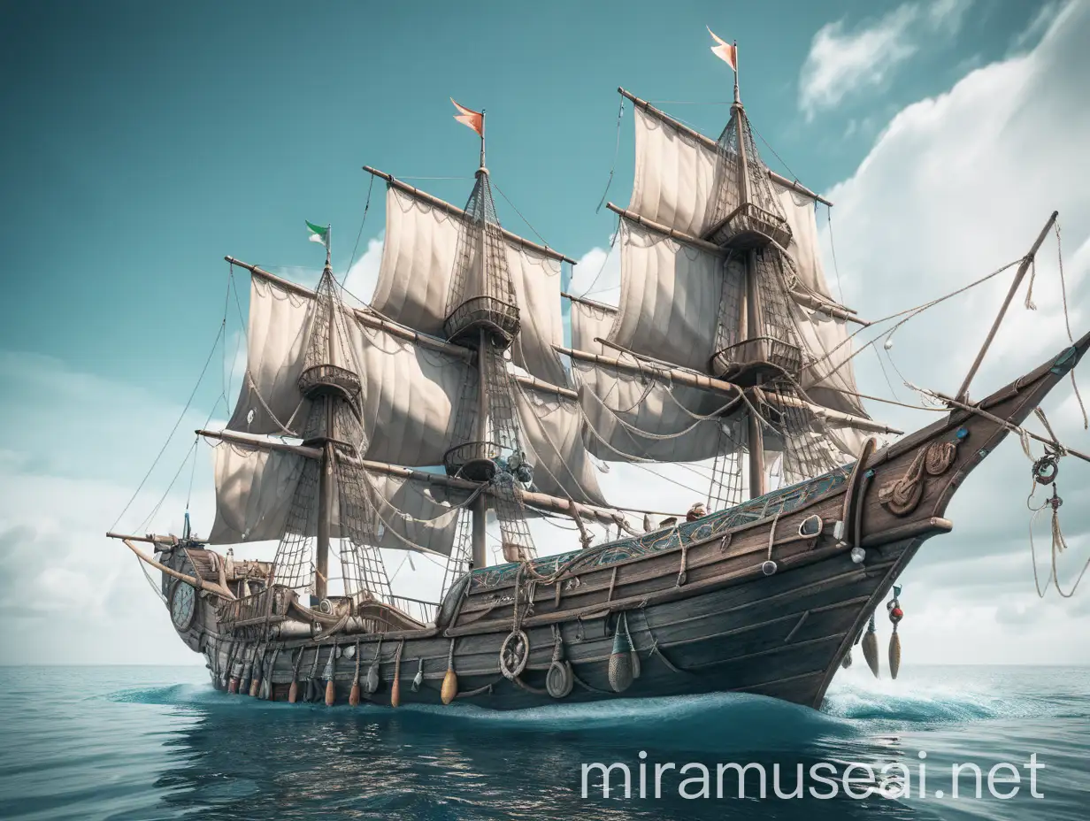 a large carrack used for fishing, the view from someone onboard, fantasy style