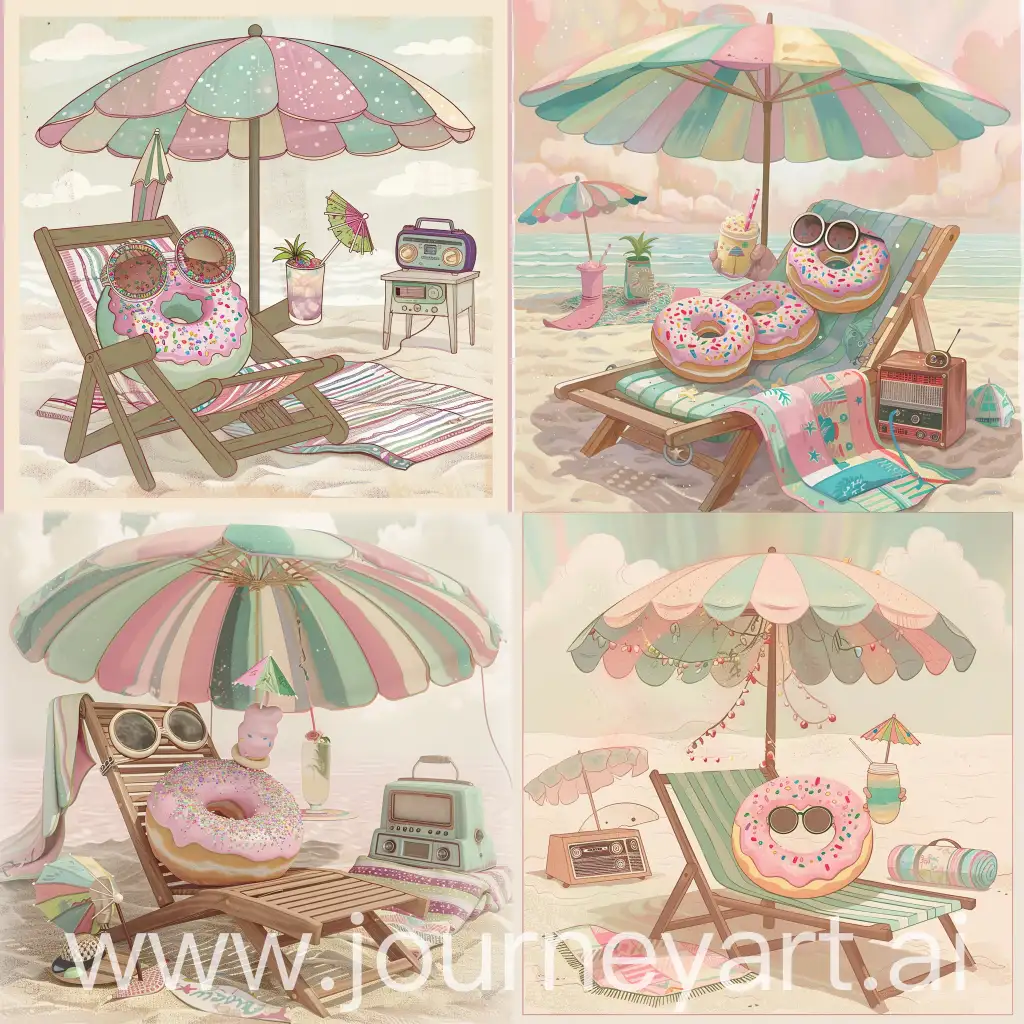 Illustrate a whimsical scene where a donut is lounging on a vintage wooden beach chair. The donut has a pink frosting with colorful sprinkles and is wearing oversized, round sunglasses. In one 'hand', the donut holds a small tropical drink with an umbrella. The scene is set under a striped beach umbrella with pastel colors such as soft pink, mint green, and baby blue. Nearby, there's a retro radio playing music, and a patterned beach towel spread out on the sand. The overall atmosphere should be relaxed and joyful, capturing the essence of a sunny, retro beach day with a nostalgic feel.
