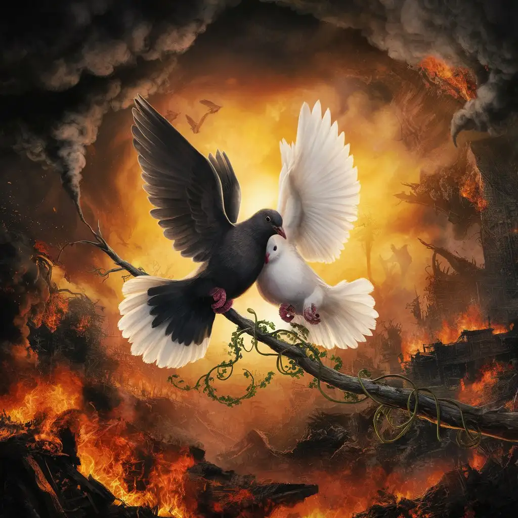 En svart duva, en vit duva, duvorna flyger tillsammans genom en värld av kaos, illustrerad, världen är i ett inferno, duvorna håller ihopa 