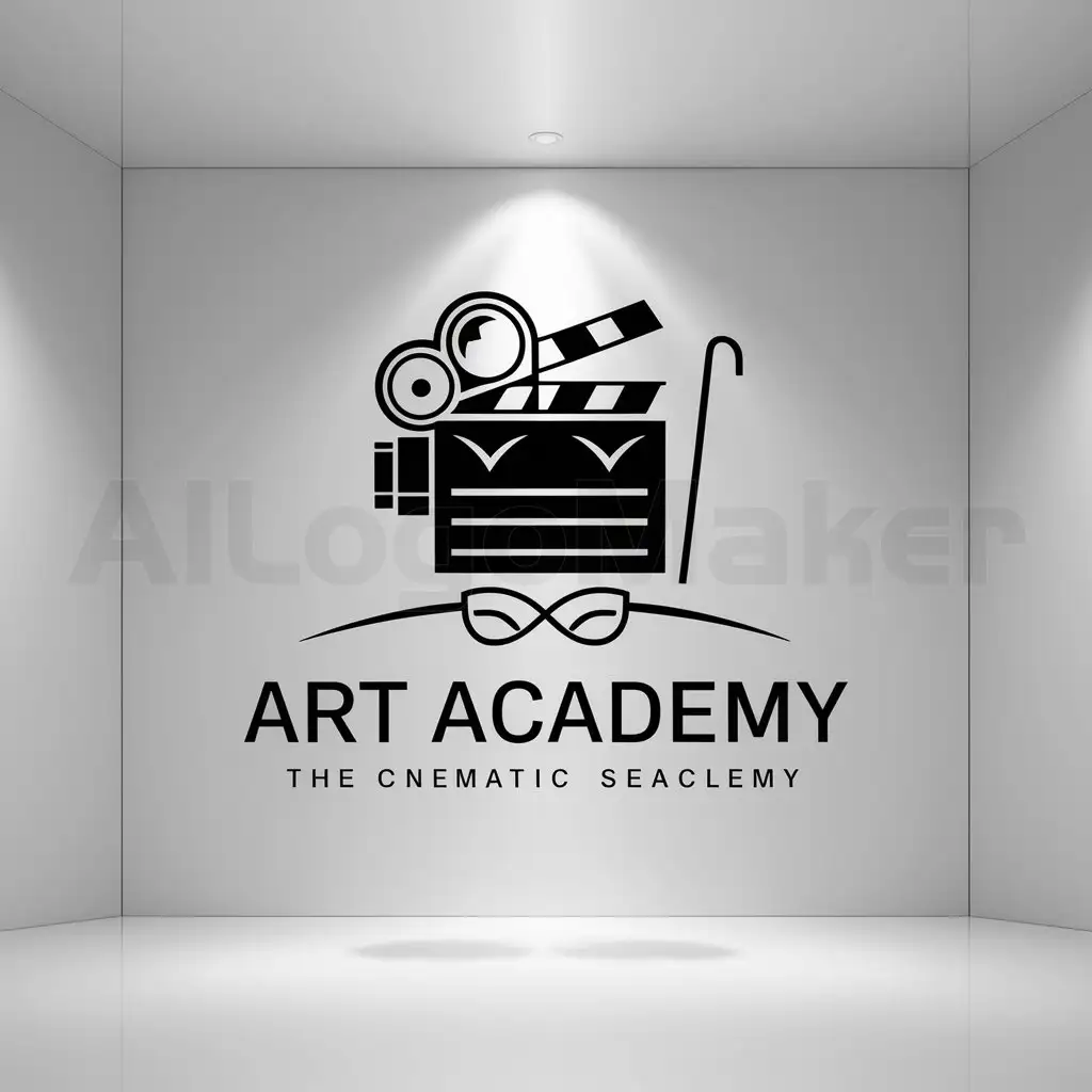 a logo design,with the text "Art Academy", main symbol:Mixture of cinematic symbol like camera and film roll and clapperboard and theatrical symbol,Minimalistic,clear background